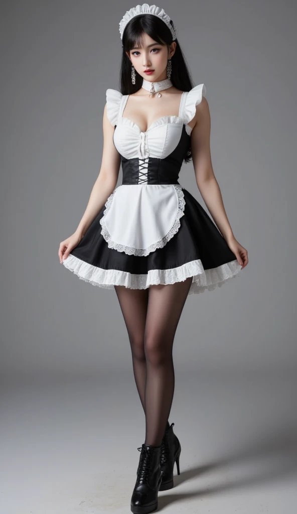 Beautiful Japanese Waifu, early 30s, blue hair,  fantasy maid dress, white stockings 