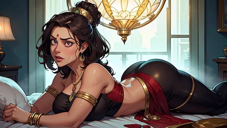 (((Luisa Madrigal from Disney's Enchanto))), toned skin, black hair, long abs (curvy) (wide hips) lingerie, sensual lingerie, Suspender stockings, dark atmosphere