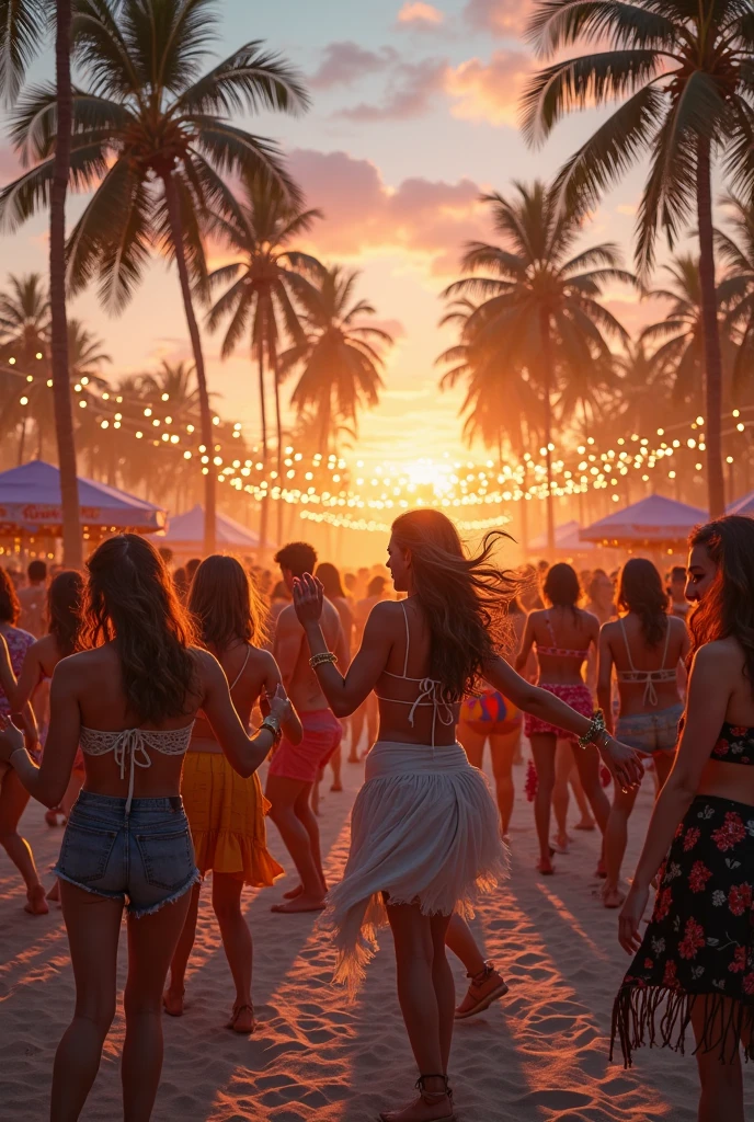 instagram model, lange schwarze haare, A boho-style scene in the desert at a festival. Imagine a vibrant, free-spirited atmosphere with people wearing flowing, colorful bohemian clothing. The desert landscape is expansive, with soft golden sand dunes stretching into the distance. Festival-goers are gathered around, some sitting on patterned rugs and pillows, others dancing barefoot in the sand. The area is adorned with dreamcatchers, macrame decorations, and hanging lanterns that sway gently in the warm breeze. The sky is a brilliant blue with a few wispy clouds, and the sun is beginning to set, casting a warm, golden light over the scene. In the background, you can see a few tents with intricate patterns and banners flapping in the wind, completing the boho festival vibe.