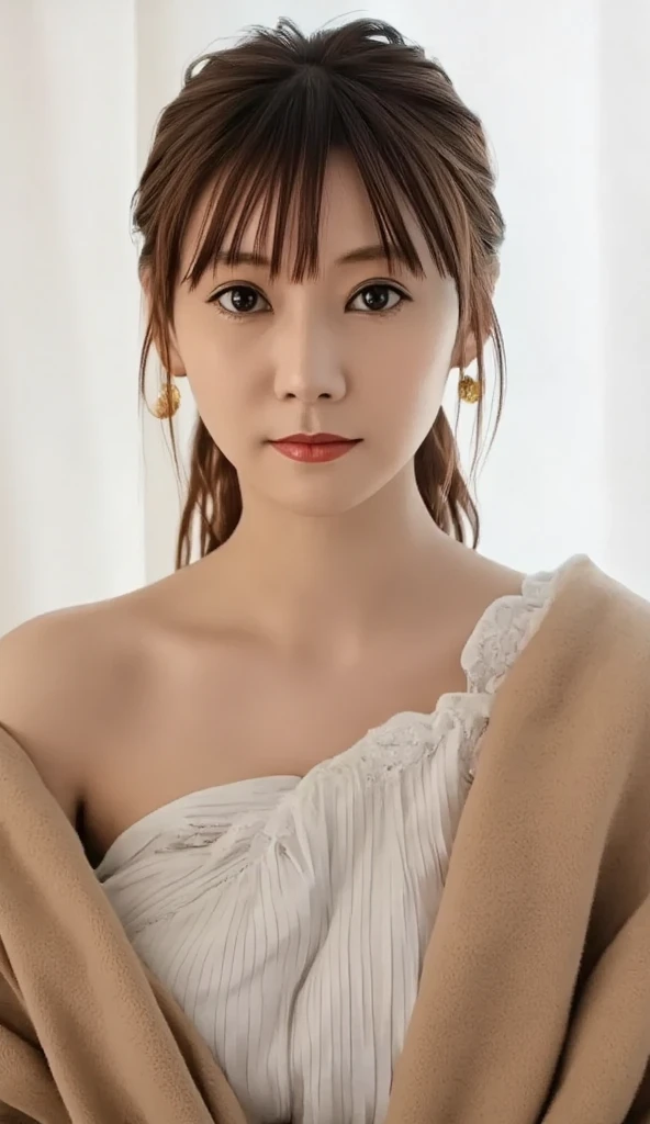 photoshoot by deborahWolf1, A skinny Japanese woman, (brown hair), (hair with elegant bun), cute face, detailed face, detailed eyes, detailed skin texture, (blush:0.2), (goosebumps:0.3), (White floral dress), underground scattering, Photorealistic, Hyperrealistic, hyperdetailed, analog style , tilted hip, demure, detailed skin, matte skin, soft lighting, subterranean scattering, realistic, heavy shadow, artwork, Best quality, ultra realistic, 8k, golden ratio, intricate, high detail, film photography, soft focus, stem, (({full|upper} body photo))