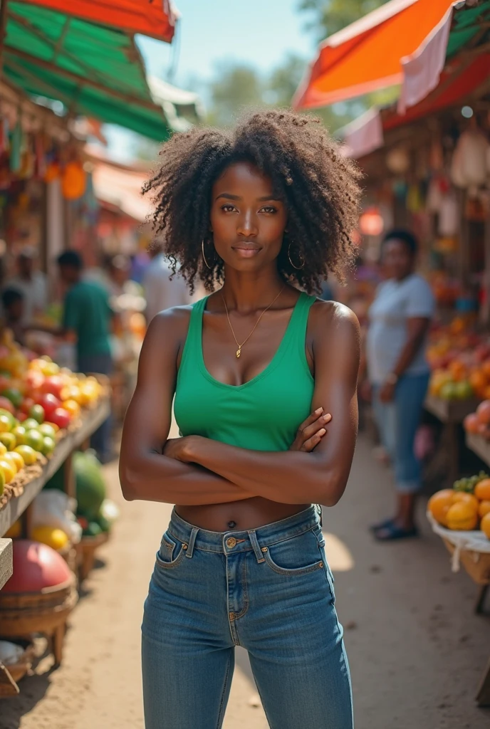 (extremely detailed CG unity 8k wallpaper), photo of the most beautiful artwork in the world, 8k uhd, realistic photo, a half body photo of 24 year ebony girl, Long black Hair, medium breasts, wearing High-waisted shorts and a tucked-in tank top, High Ponytail with Scarf ,A stall in the fruit market with hanging fruits and vibrant umbrellas background, , DSLR with a prime lens for crisp and detailed shots , Fill flash to balance natural light, high quality, High Detail, Sharp focus, dramatic, (looking at viewer:1.2), (detailed face:1.3)