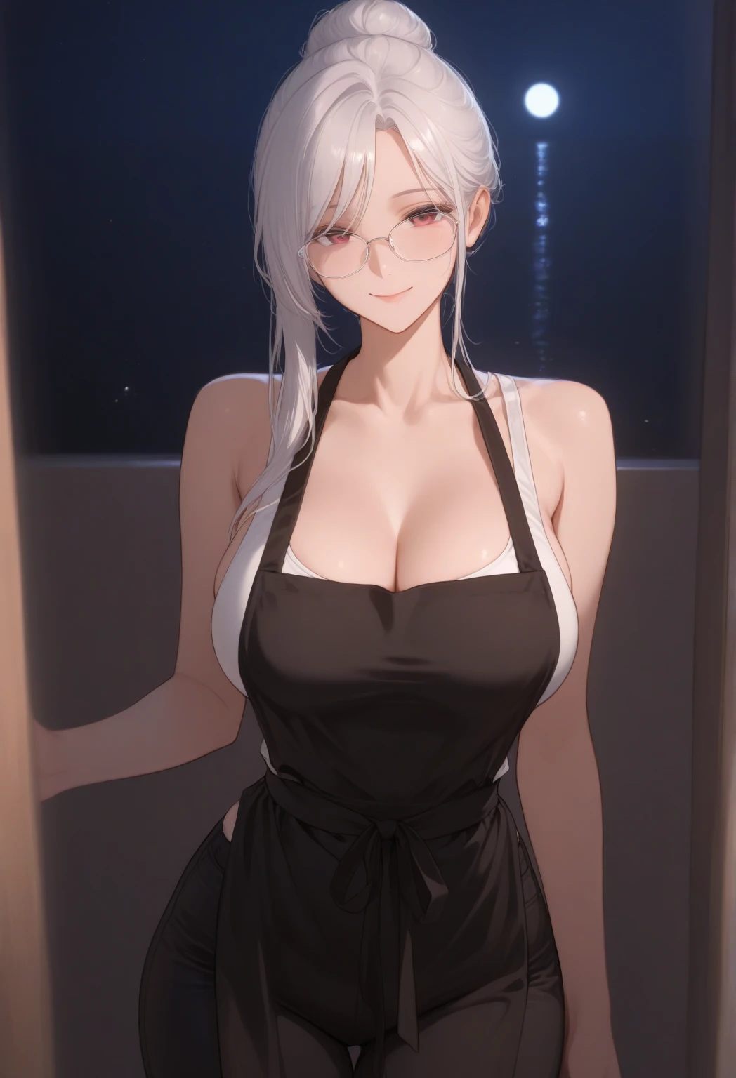 ultra_detailed, highres, absurdres, masterpieces, (cowboy shot), 1girl, looking at viewer, short hair, white hair, (tsurime), blue eyes, large breasts, cleavage, thigh, smile, (closed mouth), revealing dress, silver dress, indoor, hotel room