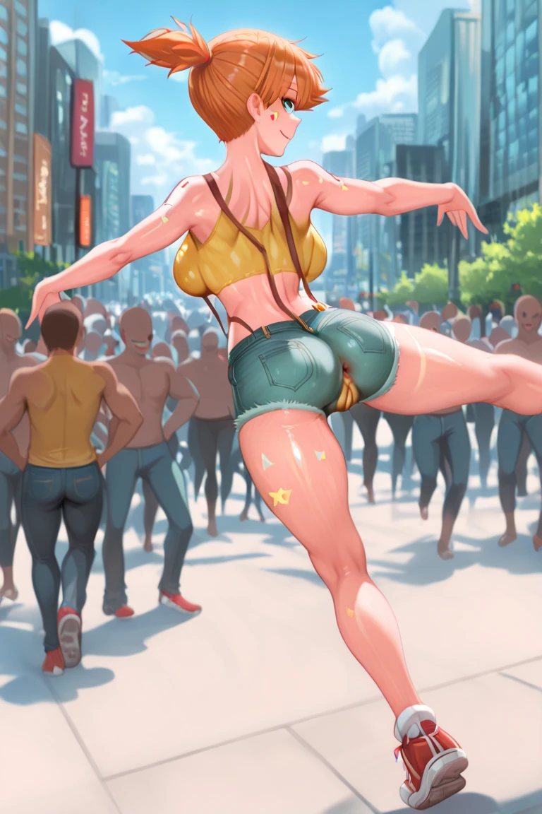 new york city,1 girl,Are standing,blonde,ponytail,blue eyes,blush,serious face,Sweat,black leotard,high leg cut,barefoot,large crowd of people,back view