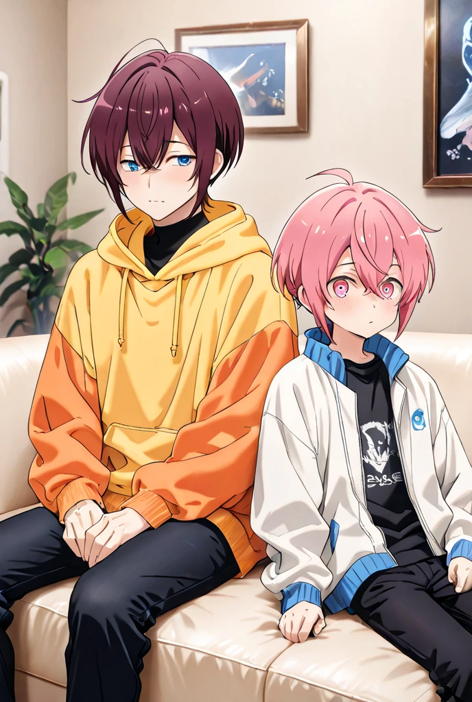 Saika have 14 years old,he is a boy, he has short striking pink hair that falls in soft waves around his face, complementing his vibrant purple eyes. His features are sharp and defined, with a youthful charm that is accentuated by his slender build. He often wears a stylish black jacket over a graphic t-shirt and jogging àd sometimes tight, completing his edgy and modern look, he is in his bedroom.
