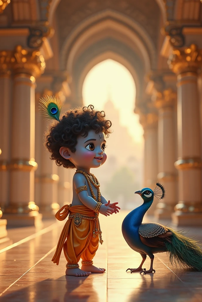 In beach around mountain and lord murugan temple in beach 4 years child lord murugan wearing golden crown and ornate jewellery sitting in peacock in the beach realistic