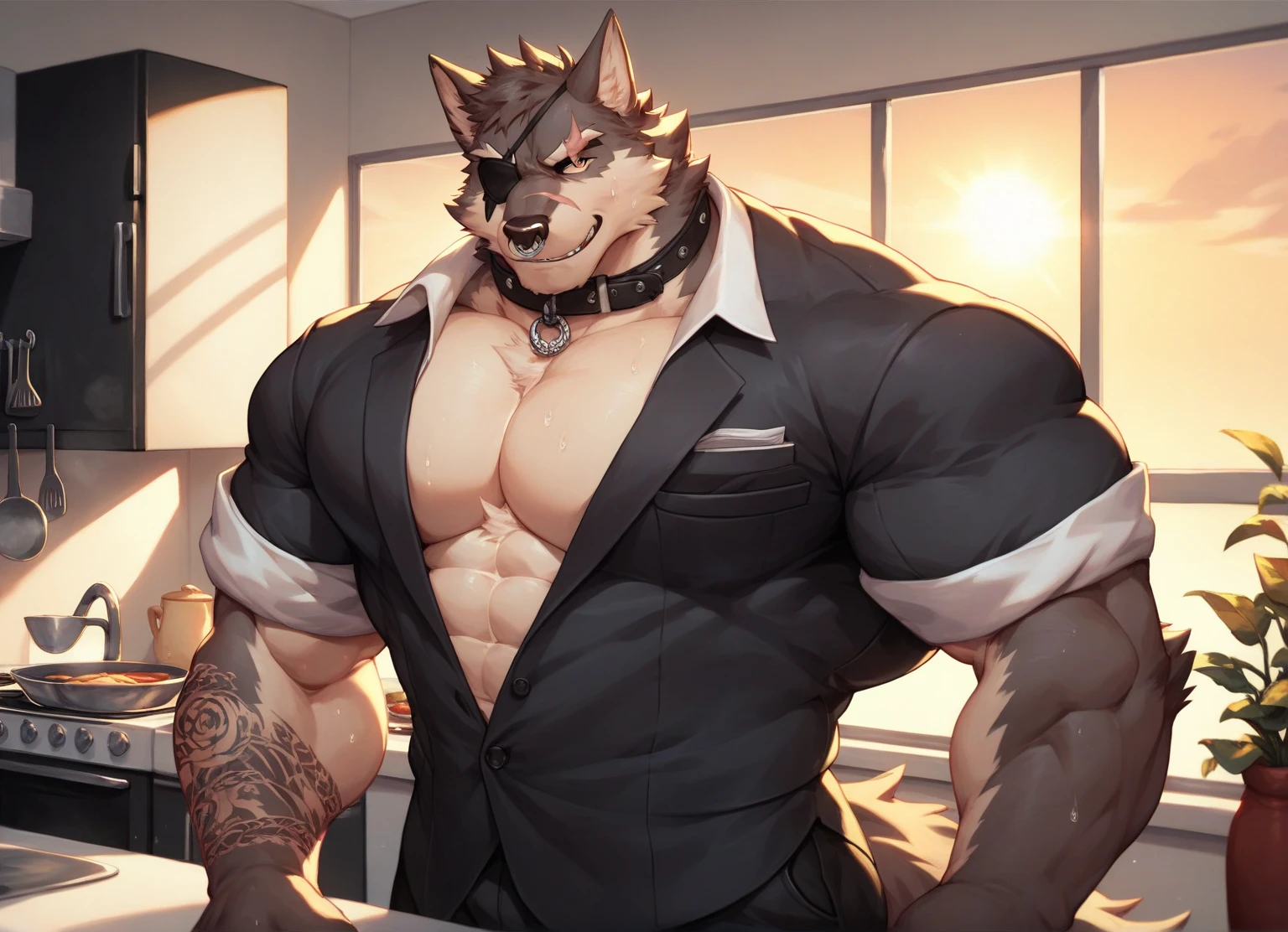 ((solo)), male, anthro (german shepherd), ((white shirt, black slacks, open shirt, exposed torso, bulge, belt)), ((standing, modern bedroom, detailed background)), ((muscular, beefy:1.4)), by personalami, by ruardri, by thebigslick, by kenket, big nipples, (epic, masterpiece, high quality, correct anatomy:1.2), (posing), (belly), (smile), ((mature male))