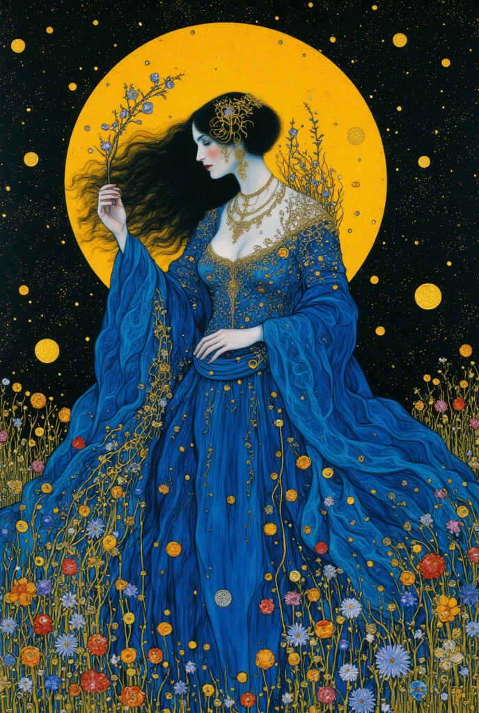 there is a drawing of a woman and a bird on a black background, harry clarke artwork, by Harry Clarke, inspired by Harry Clarke, beardsley, kay nielsen and wadim kashin, inspired by Kay Nielsen, style of carlos schwabe, oz, right side composition, arthur rackham and milo manara, by Aubrey Beardsley, marjorie cameron, shuimobysim