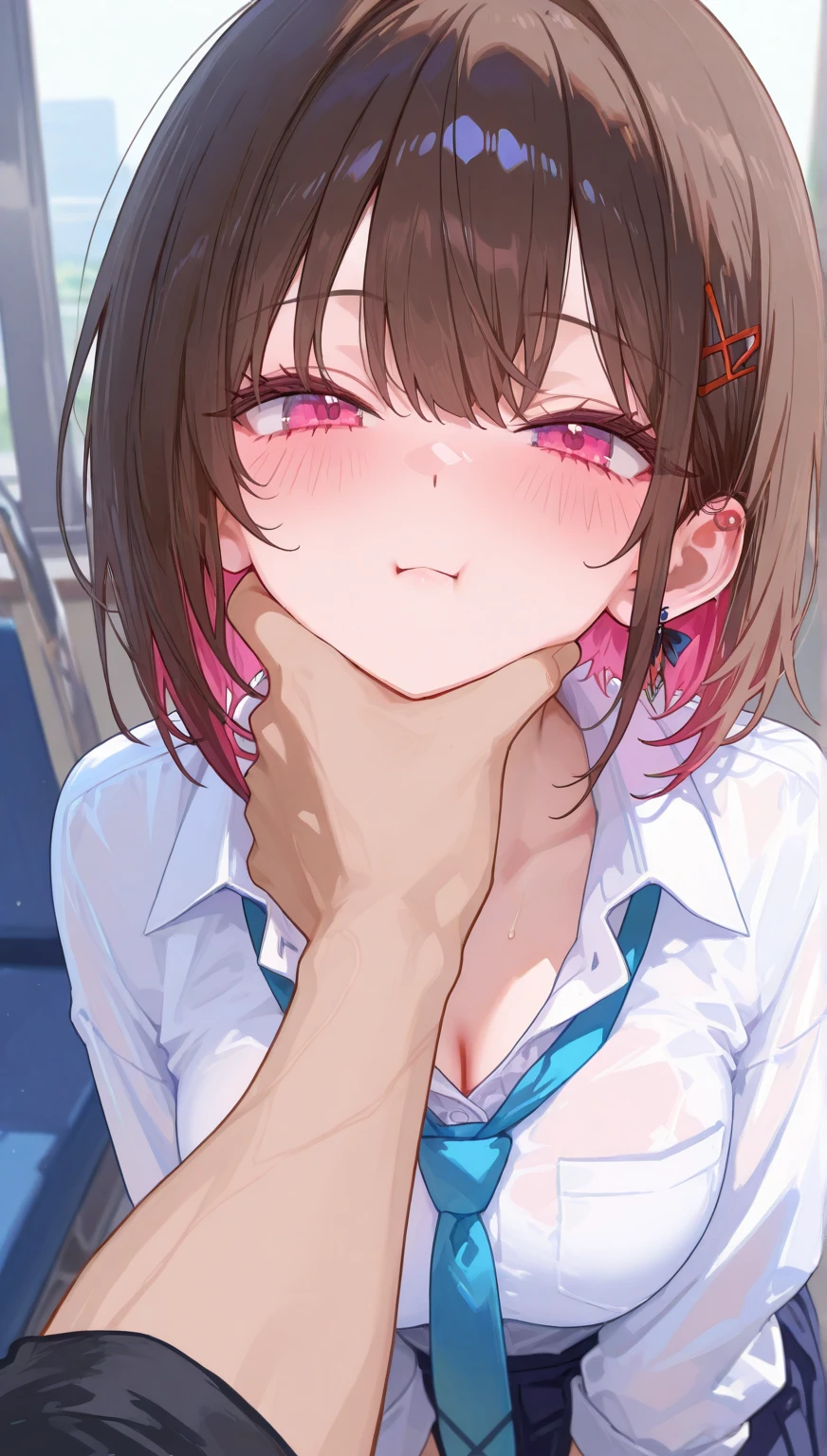 nsfw, (POV oral sex with cum:1.3), (deep throat:1.3), (intense perfect fellatio:1.2), :>=, (1boy, full by:1.2), a pure innocent girl, very cute face, like a idol, blush, (school uniform:1.1), look up at viewer with lovingly gaze, arms behind the back, in front of 1penis with between viewer's legs, (mouth on the viewer's crotch completely:1.3), (perfect keeling under the desk completely, body is perfect into the desk, face come out from under the desk:1.3), (face focus:1.2), (viewer is sitting, bare viewer:1.2), (under the desk with depth:1.3), in own room, viewer's legs in the picture, from above,