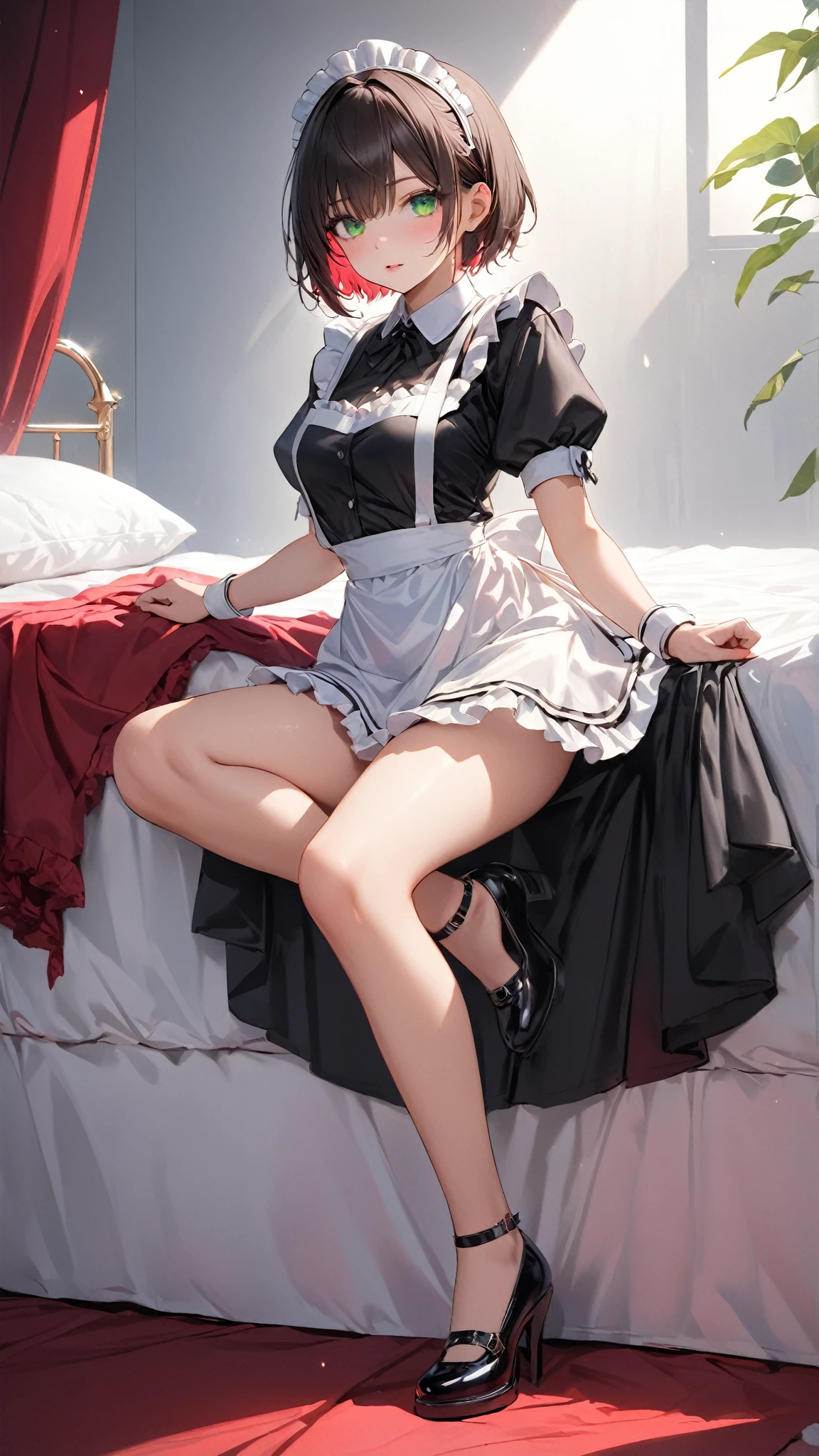 A beautiful woman in lingerie, smirk, (straight long black hair), earrings, (((Extremely Realistic))),FilmGirl, sexy pose, Extremely Realistic,Split_Pose, photorealistic, bedroom , hourglass figure , very detailed, ((blush)), (ass), (black lace underwear), back