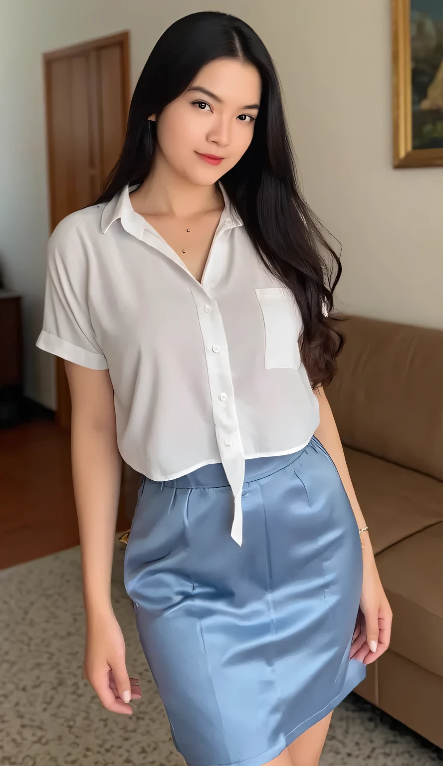 a beautiful woman,  standing in the living room, body facing the camera, school uniform color white, long tight skirt satin material light blue color, big  size G-cup,  bibir merah, black hair
