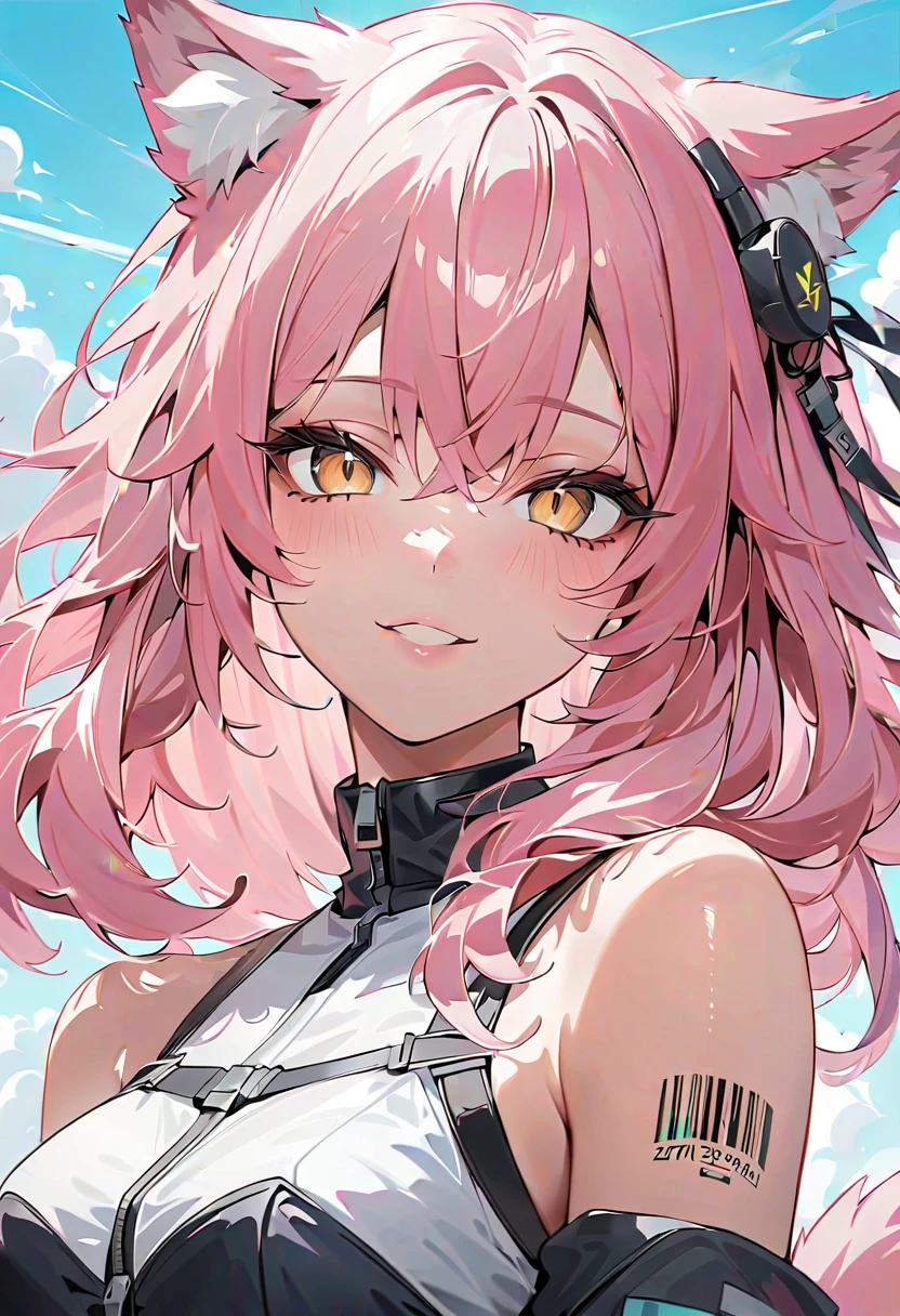 masterpiece, 1girl, looking at viewer, beautiful eyes, 3d face, lustrous skin, close-up, (straight on:1.2), face focus, (arms behind back:1.2), simple background, solo, smile, face, <lora:arknightsGoldenglow_v10:0.9>,upper body, braid, headband, pink hair,golden eyes, open coat, blue coat, bangs,