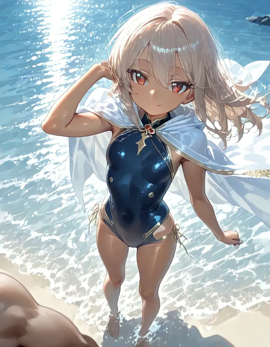Photo of beautiful jpn-gyaru, masterpiece, 1 girl,
(( girl:1.5)),chibi, blue eyes, (dark skin:1.2), (blonde bob hair: 1.2), big breasts,seductive smile, (mechanical bunny ears headband: 1.2), headphones,(white highleg leotard, (camel-toe):1.2), enamel sleeve, (crescent moon sunset:1.3), bayside, shore, on the beach, cowboy shot,