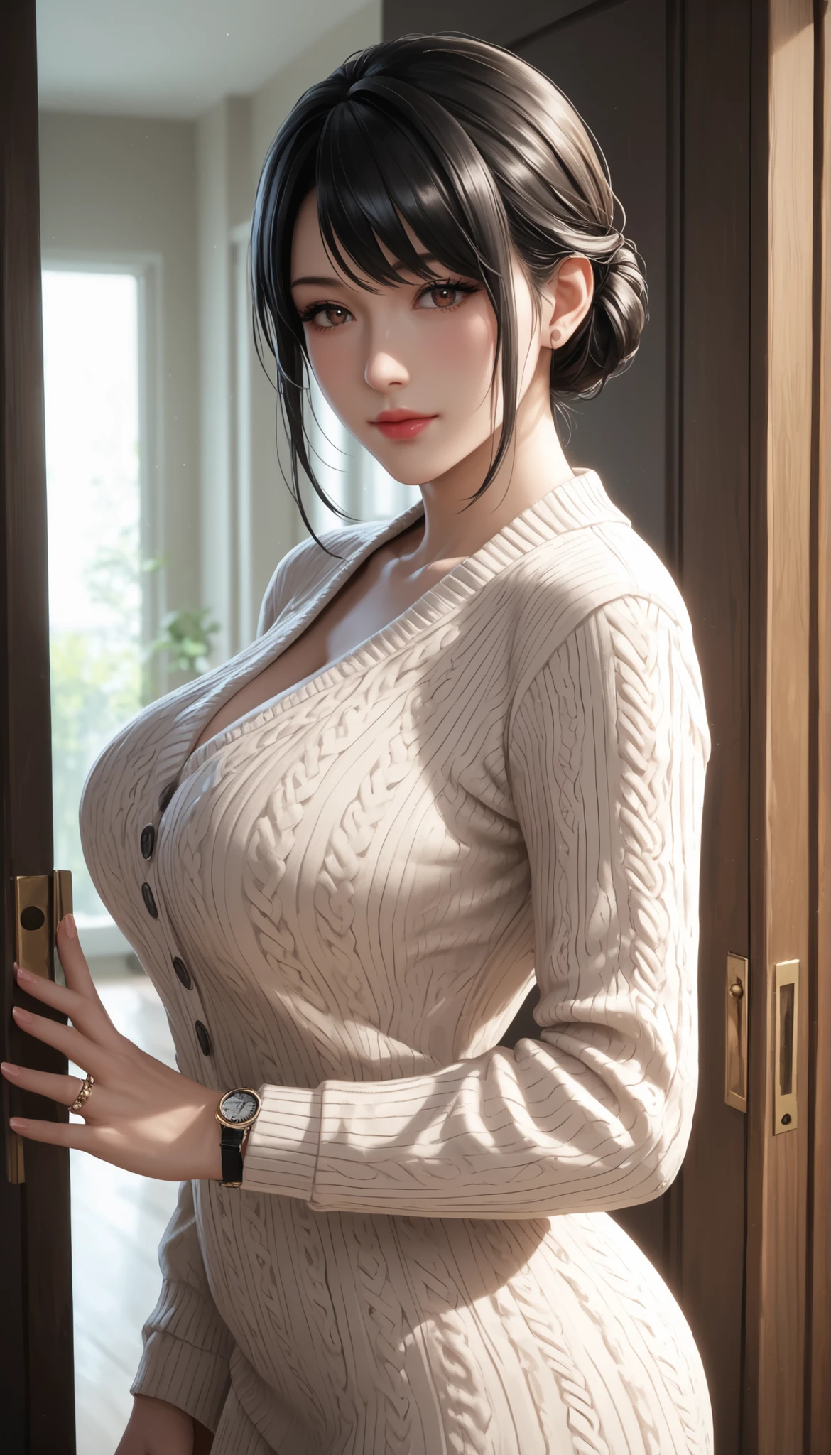 8K quality、High resolution、Realistic skin texture、High resolutionの瞳、Man standing in kitchen、Woman pressing her butt against man、A female cafe owner seduces a male customer、A neat cardigan and a mini skirt、thin、Model Body Type、Ripe body、Off the shoulder、Realistic female genitalia