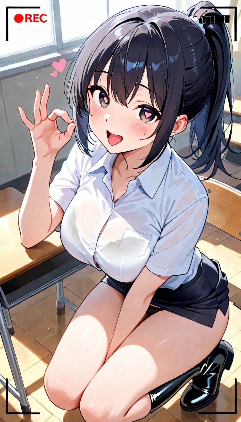(throw_hand, pink vibrator remote switch in throw_hand, throw:1.2), Highest quality, Very detailed, masterpiece, Ultra-high resolution, 8K, Ridiculous, Cowboy Shooting, Blurred, One Girl, Focus on the girl, Embarrassing, blush, Lovely, Tears in the eyes、Open your mouth, What saliva leaves behind, Wet skirt hem, (Sticky panties:1.1), (Light blue striped underwear), Bulging of the vibrator cord, Vibrator with Garters, (Black Hair, Pink Eyes, short hair, Straight hair, nekomimi), (Medium chest), (school uniform), Open the previous button, (Cleavage), Sit on a chair, Spread your legs, Classroom Background, (Black Stockings), (Thighs), (Waistline),(naked), (Nipples are visible), (Female genitalia is visible), pubic hair, Thick and big round nipples, Detailed female genitalia