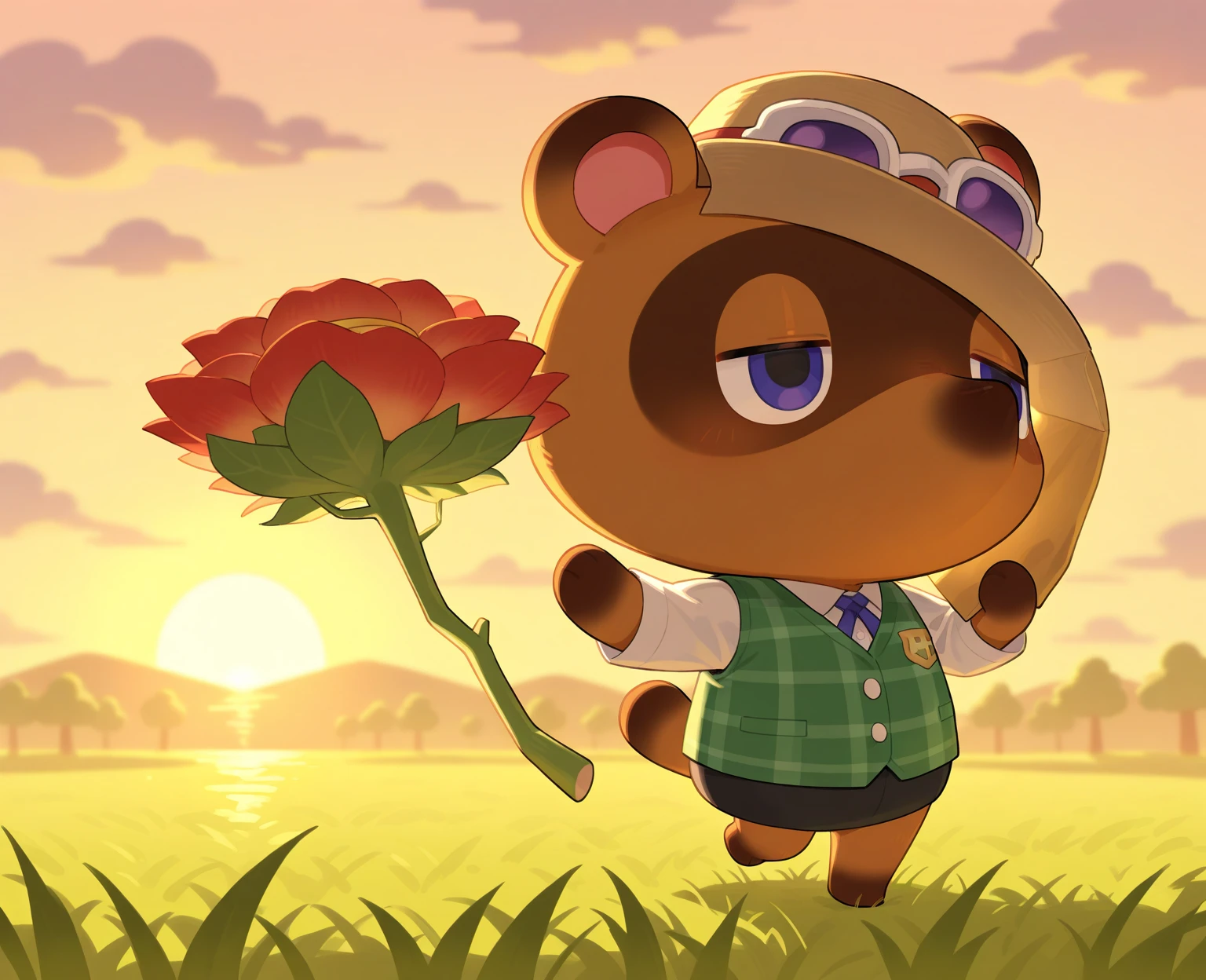 Solo, outdoors, detailed background, standing, (tom nook \(animal crossing\), blue apron, bottomless, balls, sheath), by plattyneko, extremely detailed, detailed shading, soft shading, volumetric lighting, natural light