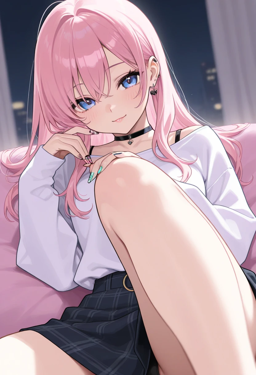 (masterpiece, best quality), 1girl,  <lora:nacht_20240218:0.8> nacht,hair bow,hair ornament,hairclip,pink eyes,pink hair, socks, cardigan, bowtie, loafers, collared shirt, long skirt, belt,