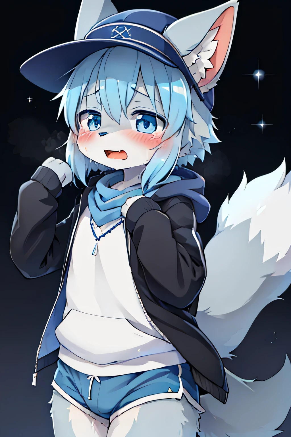 boy,青いfur,animalの耳,8K High Resolution,BLUE SHORTS, grey hoodie,hat,fur,blue neckerchief,Grey Dog Tail,Pretty Beast,animal,Kemono,青色の boyと黄色の少女!I'm going to cry out loud,cries事が大好きな雄の青年, bet, boy,boy,cries, lots of light blue ,Sparkling Eye