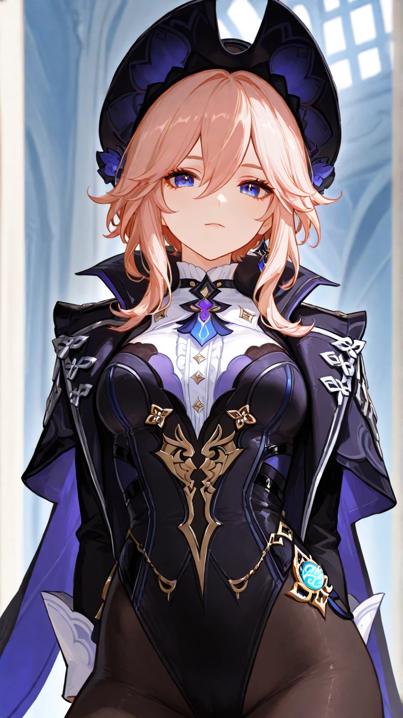 honkai star rail style, masterpiece, best quality, 1girl, (masterpiece), best quality, expressive eyes,detailed face, solo, perfect face, long hair, goddess aesthetic outfit, long light blonde hair dyed with tint of pink color and with cute fluffy bangs well styled, hair dyed with pink color, detailed light blue eyes highlight light reflecting in her eyes, looking straight to the viewer, colorful lighting, lips, black shade of makeup on eyelids, fair skin, perfect hourglass body, she has sharp jawline, The artwork should have the best quality, with ultra-detailed and realistic features. The color palette should be vivid, and the lighting should emphasize the character's facial structure and expression. full body, standing,