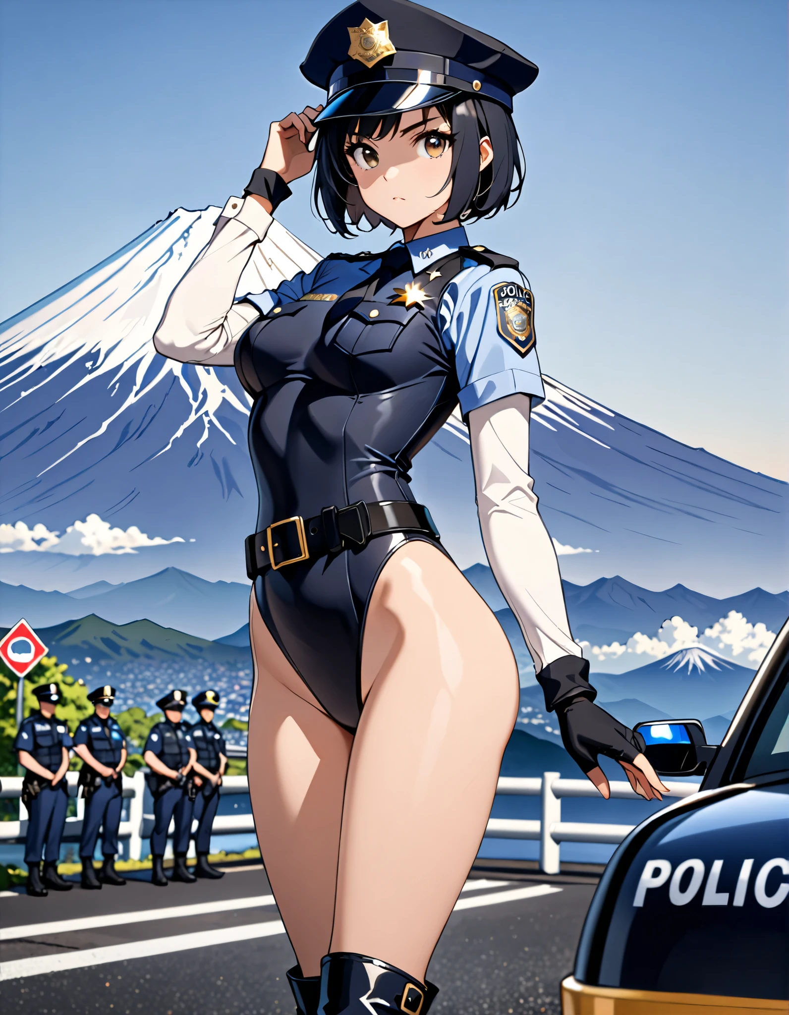 masterpiece, amazing quality, best quality, high resolution, 4K, 8K, UHD, Ukiyoe art styles, by rella, by Yoneyama Mai, by Tsukimaro 1 upset Asian woman at the beach, topless, handcuffed by police, hands behind back, perfect ass