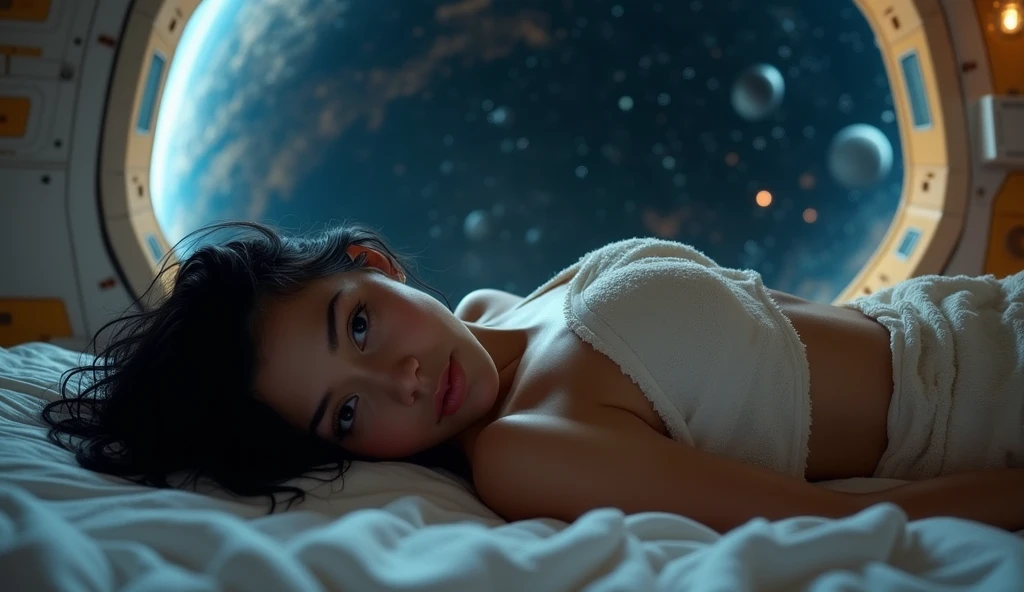 Delicate and dainty young woman with shiny bob-cut black hair . She is wearing black dress. The background is a fantastic and ethereal night sky that seems to be haunted by a specter. Her expression is stern and atmospheric. Angle from directly below. with calico cat
