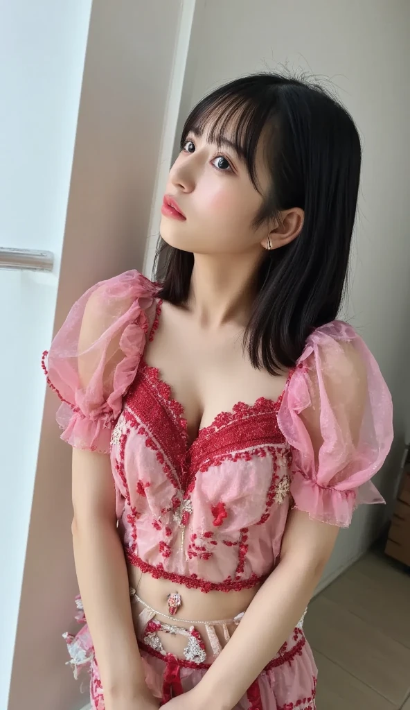 Highest quality、masterpiece、detailed、High resolution、8K、Photorealistic、Sharp focus、High-level image quality、Professional Lighting、非常にdetailedな、Depth of written boundary、(Big Breasts)、K-Cup Bust、Large areola、Erect nipples、,、Huge Ass、Thick thighs、Loose body、Voluptuous body、Thick upper arms)、((Beige lace bra))、((Cleavage))、(((Push your breasts together with your arms)))、
