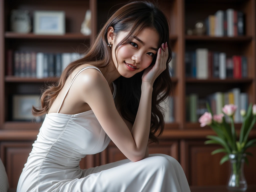 A japanese woman with white painted de los muertos face, full body frontal shoot, in a dramatic dark room with light source from window, wearing white plain transparent sleeveless crewneck mini dress, moist healthy skin, she is smiling heads up, pretty detailed face, dynamic gestures, model pose, (she is sitting on chair & crossed legs elegantly) dramatic shadow & light from window, 4K, UHD, ultra detailed face, pale skin, horror feel, proportional body, backlight lighting treatment, low angle camera, bride cloth, smile
