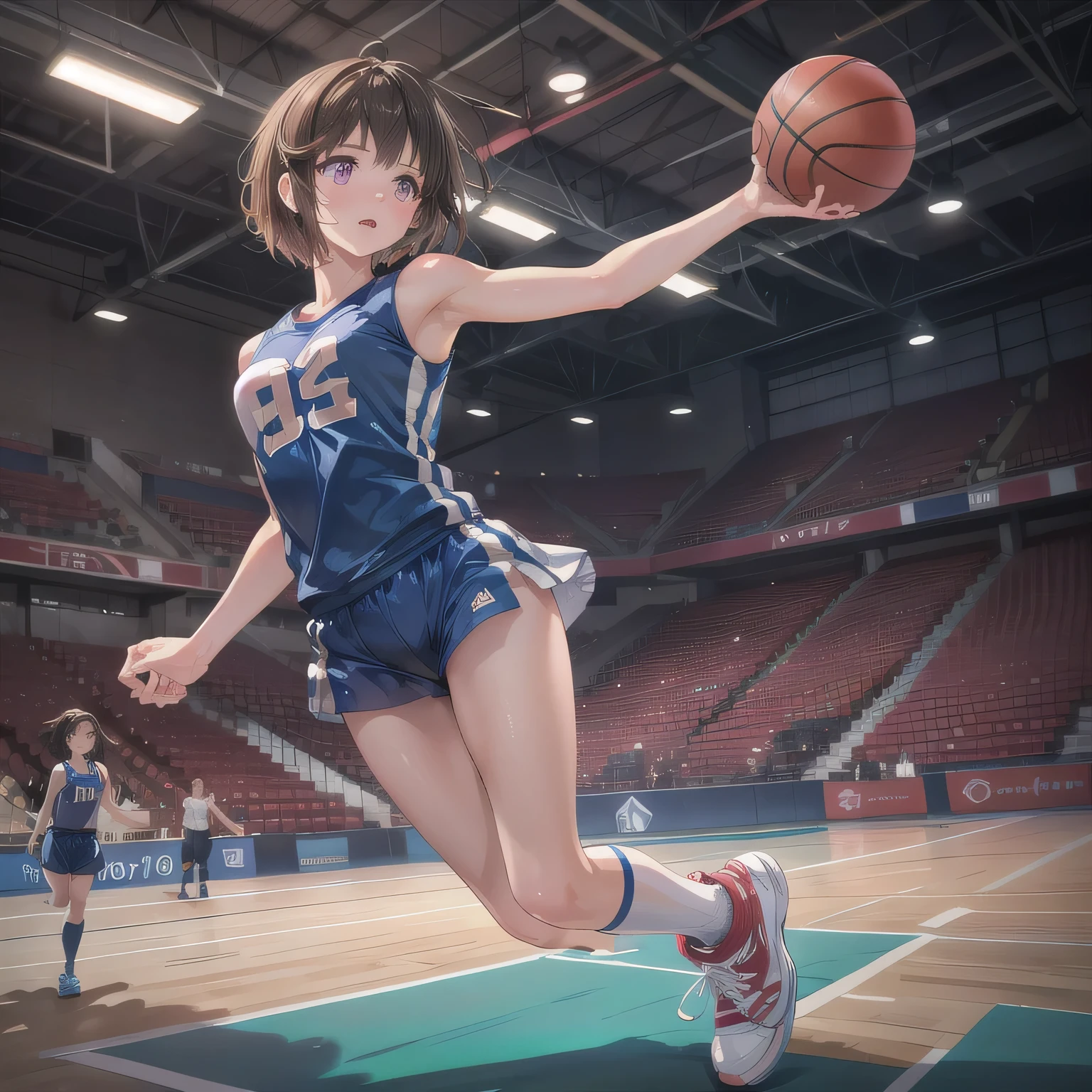 A young female basketball player makes a dynamic jump shot with elegance and control. She holds the ball firmly in both hands, her form showing strong confidence and skill. Her athletic uniform fits her form well, paired with high socks and sneakers in matching tones. Her neatly styled hair flies in motion as she leaps, with focused eyes locked on the basket. The polished gym floor reflects her movement under bright lights, capturing the intensity and competitive energy of the moment.
(RAW photo quality, photo-realistic:1.4), masterpiece, ultra-detailed, cinematic lighting, soft light, highly detailed face and body, extremely realistic eyes, perfect anatomy, slender body, high-res, ultra CG detail. Brown hair, short hair, purple eyes.