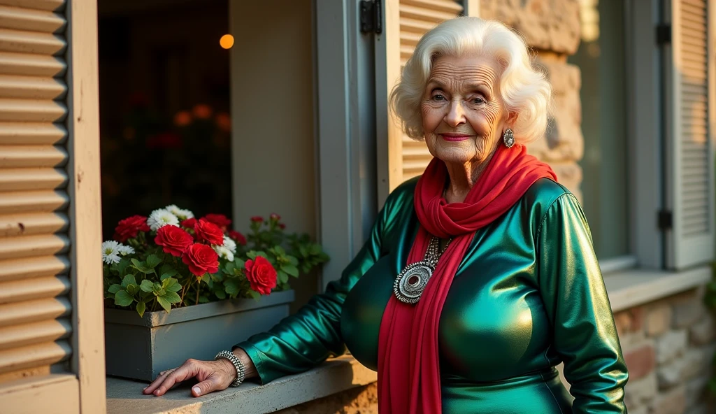 A confident older woman 70yo walks down a city street wearing a vibrant (green chiffon dress with a deep neckline). (Gigantic breast:1.4), She has stylish, wavy silver hair and bold red lipstick, complemented by a chunky green bead necklace.