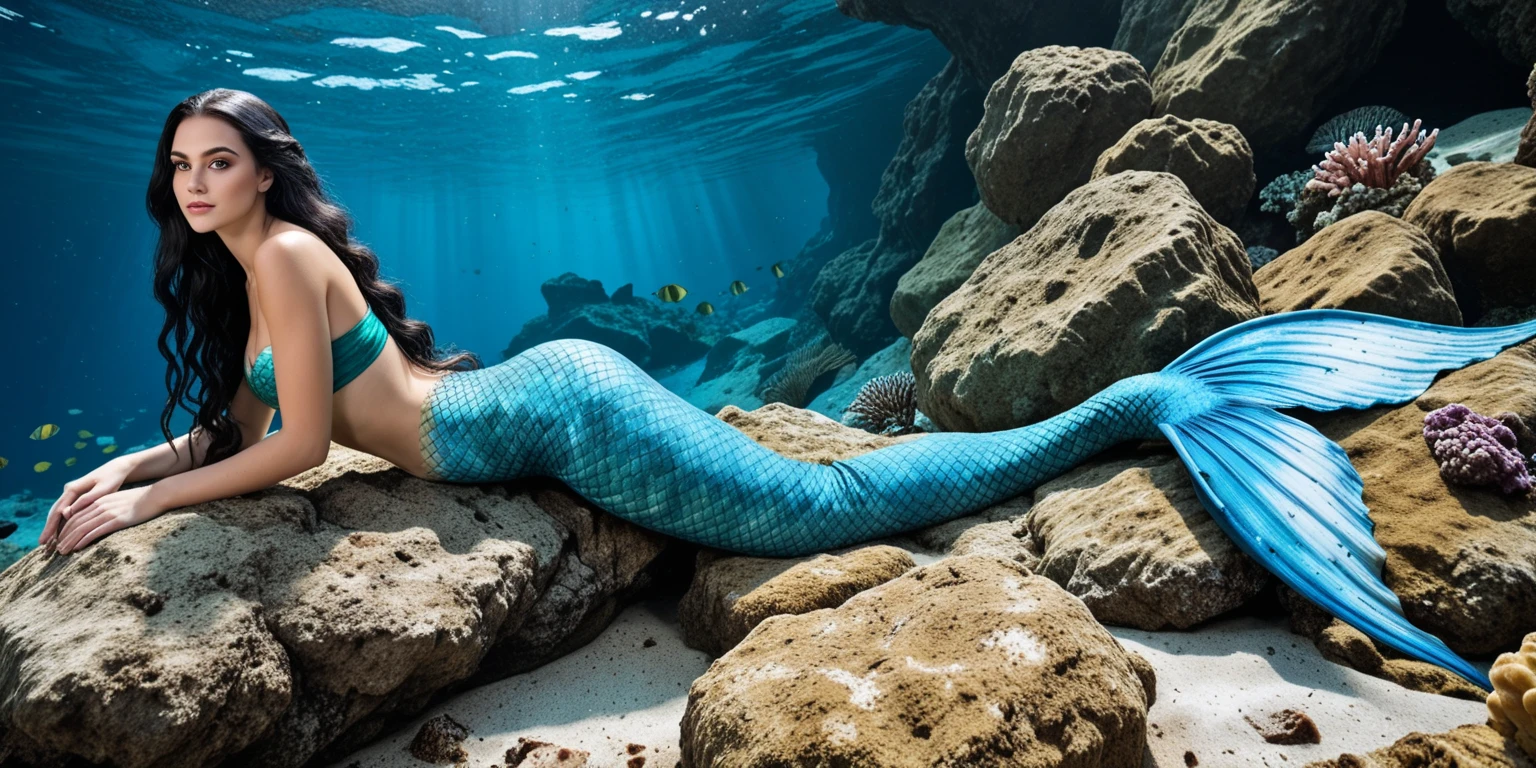 image of a beautiful mermaid underwater floating lying in the ocean, ela tem um rabo de peixe enorme no lugar das pernas, her fishtail is big and is behind her back, ela veste uma camiseta top, She is facing forward and her fishtail extends behind her head, 8k, ultra realismo, ultra HD, as realistic as possible., as detailed as possible