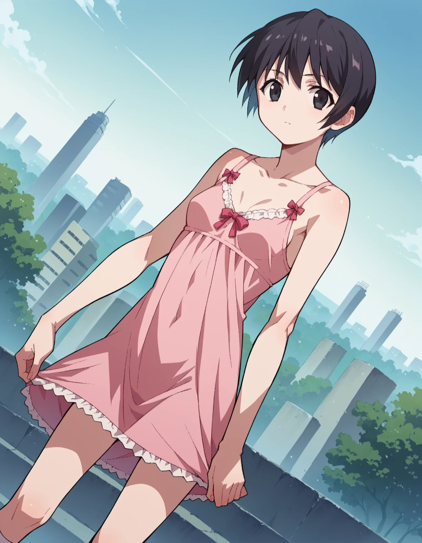 (comic cover:1.4),masterpiece, best quality,1girl,young girl,blue eyes,short hair,mesugaki smile,shiny skin,(nice leg line:1.3),thick thighs,thin waist,medium breasts
BREAK
chiffon_dress,red color high heels,
BREAK
Pathway_lined_with_blooming_cherry_blossom_trees,crowd,depth of field,looking at viewer,standing, from below, full body,legsupsexms