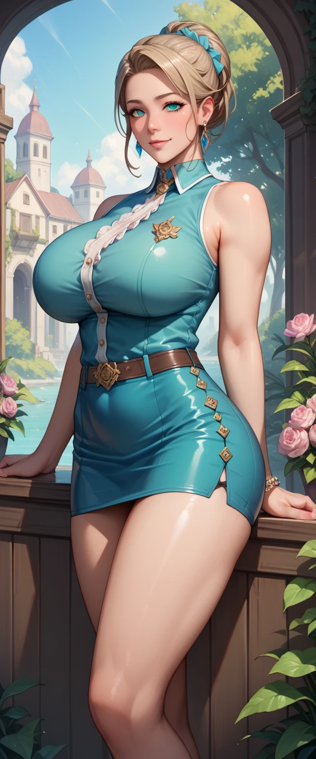 (best quality, ultra-detailed, photorealistic: 1.39), bright and vibrant colors, studio lighting, romantic expression, masterpiece, best quality1girl, solo, light blonder hair, very short hair, pink eyes, hair scrunchie, looking at viewer, lips, shy smile, cowboy shot, pantyhose, night (japanese style), stylish makeup, jean mini skirt,hair flowing in the windcleavage, adult woman face, medium and round breasts, luxury resort,  sensual and stylish pose, walking at the resort, creating a dreamy and magical atmosphere.