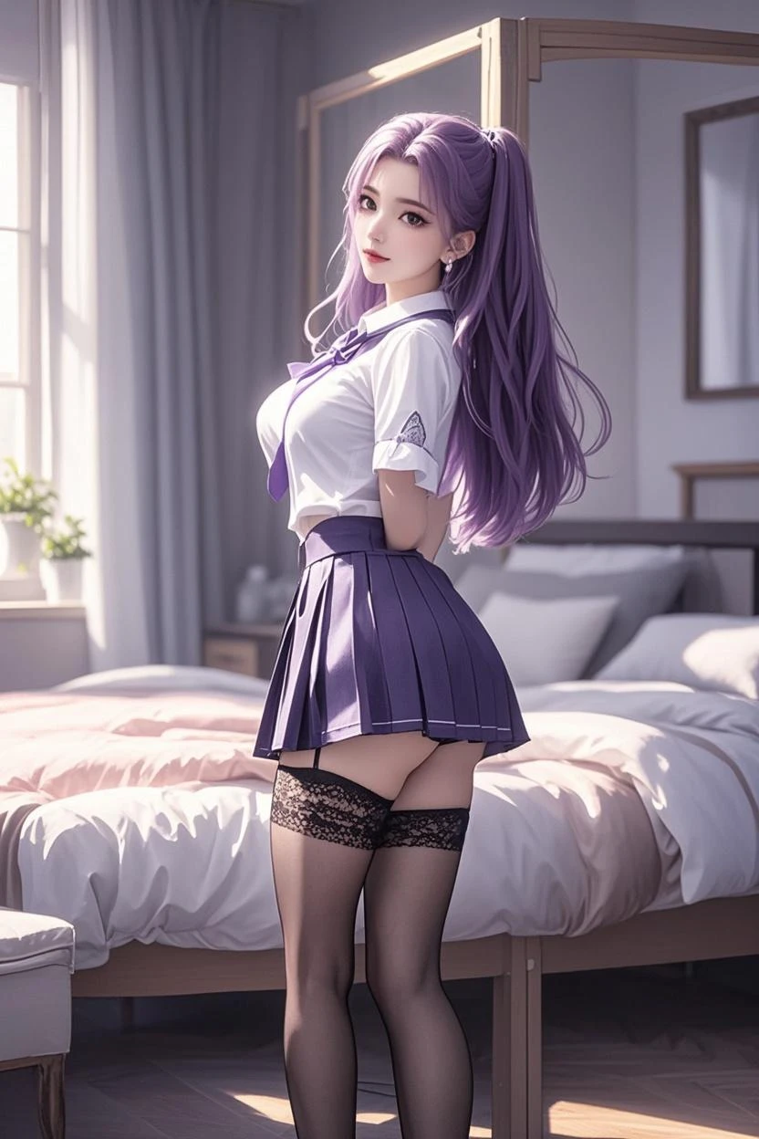 1girl,wearing school uniform, purple hair,blue ayes,big butt,big boobs, detail background, detail foreground,sharpen foreground,high res,hyper realistis, ultra detail