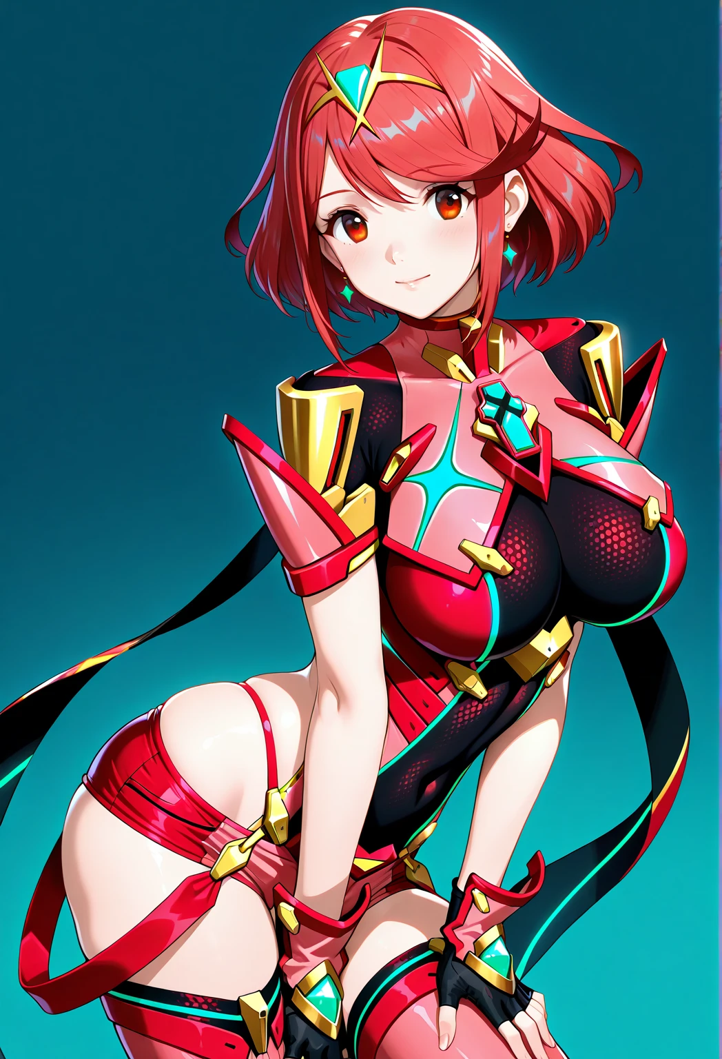 pyra \(xenoblade\), teen_1girl, loli, bangs, black gloves, breasts, red eyes, shout, earrings, eyelashes, fingerless gloves, floating hair, , gem, gloves, hair ornament, headpiece, jewelry, gigantic_breasts, leaning back, swimsuit, neon trim, official art, pose, red hair, saitou masatsugu, short hair, sidelocks, skin tight, solo, swept bangs, thighhighs, tiara, fantasy_town_background, underbust, xenoblade chronicles \(series\), (xenoblade chronicles 2), (spread_legs:1.1), fire_effect,dynamic_pose,fighting,light_smile, (plump:1.1), big_ass,huge_sword, hold_large_sword_hilt, covered_nipples, covered_pussy, fists,ponytail,beautiful_fingers,(solo:1.1), bare_shoulder,(shoulder_naked:1.2), nipple_jewel,back, back_view, focus_ass,ass, (very_short_shorts:1.3),(lise_leg:1.4)