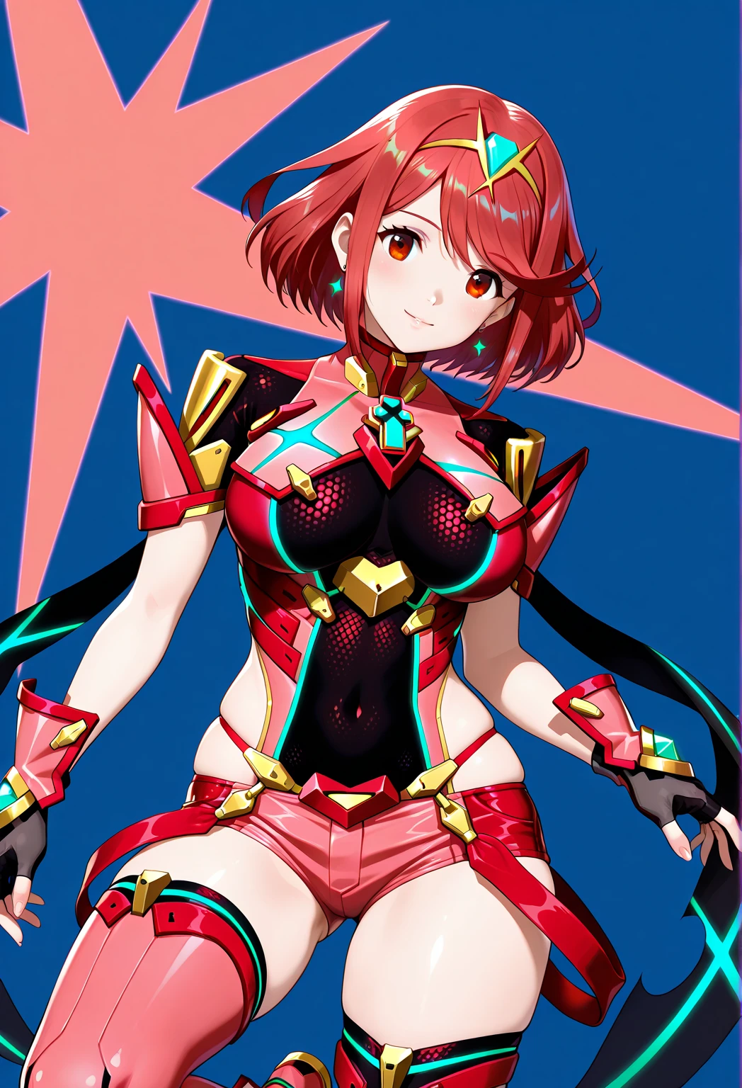nsfw, pyra (xenoblade), one girl, armor, bangs, black gloves, chest, red eyes, closed mouth, earrings, eyelashes, fingerless gloves, floating hair, framed breasts, jewelry, gloves, hair ornaments, headpiece, jewelry, big, leaning, leotard, neon trim, official art, pose, redhead, red shorts, masatsugu Saito, short hair, shorts, Short Sleeves, Shorts, Side Locks, Skin Tight, Solo, Standing, Bangs, Thigh Socks, Tiara, Space Background, Turtleneck, Underbust, Arm Armor, Xenoblade Chronicles \(Series\), (Xenoblade Chronicles 2),