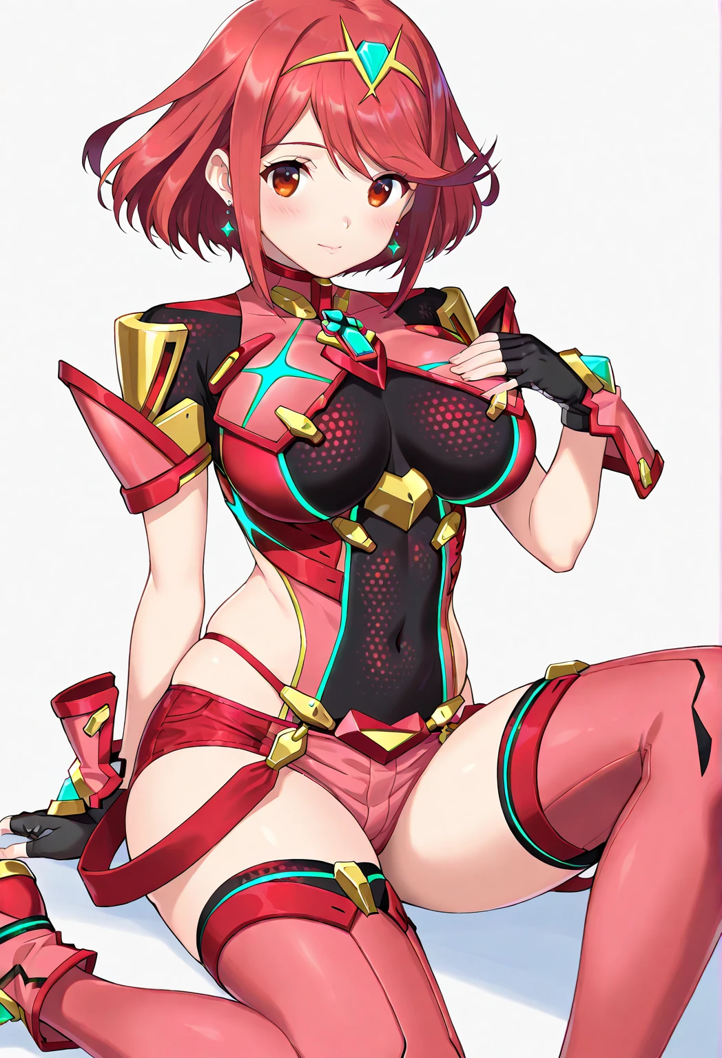 nsfw. score_9, score_8_superior, score_7_superior, anime, Homura(Xenoblade Chronicles 2), Red eyes, Redhead, short hair, tiara, Earrings, Chest jewels, High leg leotard, Diagonal bangs, Beautiful Eyes, Perfect Face, Perfect hands, Perfect Fingers, large breasts, Very beautiful long legs, Thighs, Puffy nipples, Pussy juice, Sexual Ecstasy, trembling, foot focus, squatting, arms behind head,