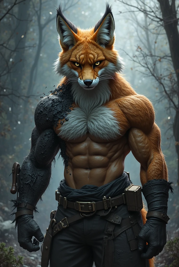 RAW image, Epic scene, ((portrait)), award-winning photo portrait of a werecreature weremale fox, wearing a black and silver armor, with gigant spear in the hands, rainforest background, hyperdetailed, (artstation:1.5), cinematic, warm lights,, epic realistic, award winning illustration, (film grain: 1.4),