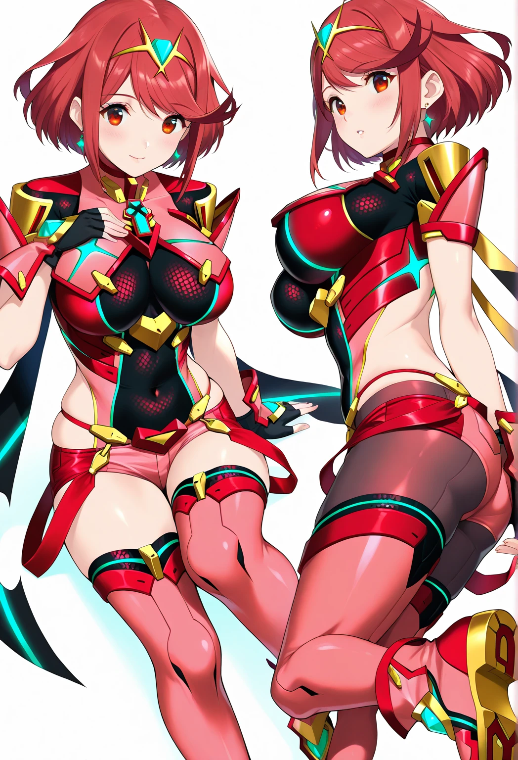 pyra \(xenoblade\), _1girl, lolings, black gloves, breasts, red eyes, light_open_mouth, earrings, eyelashes, fingerless gloves, floating hair, , gem, gloves, hair ornament, headpiece, jewelry, big_breasts, leaning back, swimsuit, neon trim, official art, pose, red hair, saitou masatsugu, short hair, sidelocks, skin tight, solo, swept bangs, thighhighs, tiara, fantasy_town_background, underbust, xenoblade chronicles \(series\), (xenoblade chronicles 2), (spread_legs:1.1), fire_effect,dynamic_pose,fighting,light_smile, (plump:1.1), big_ass,huge_sword, hold_large_sword_hilt, covered_nipples, covered_pussy,back_view, fists,ponytail,plump,beautiful_fingers,(solo:1.1), bare_shoulder,
