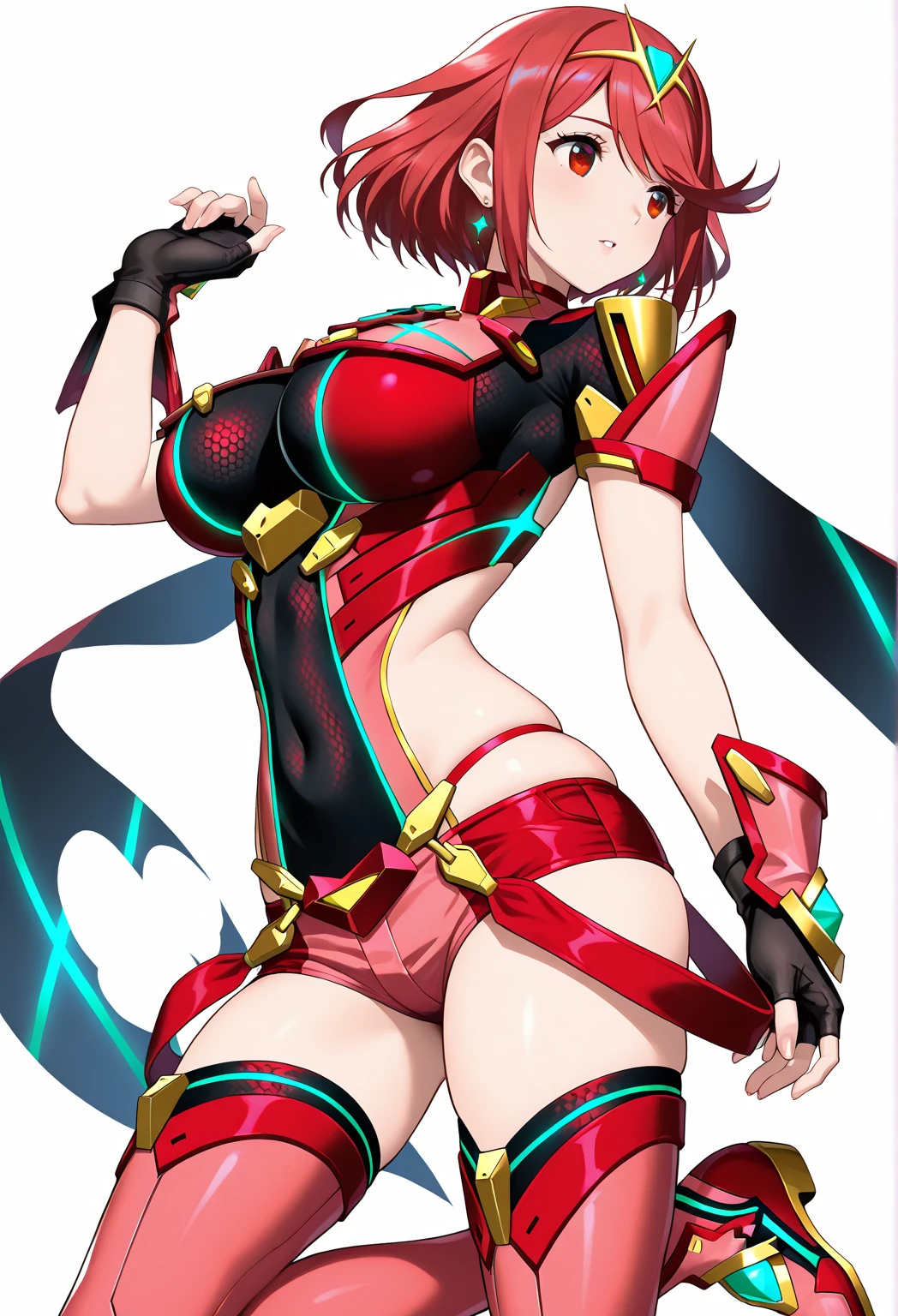 pyra \(xenoblade\), _1girl, , armor, bangs, black gloves, breasts, red eyes, closed mouth, earrings, eyelashes, fingerless gloves, floating hair, framed breasts, gem, gloves, hair ornament, headpiece, jewelry, big_breasts, leaning back, leotard, neon trim, official art, pose, red hair, red shorts, saitou masatsugu, short hair, short shorts, short sleeves, shorts, sidelocks, skin tight, solo, standing, swept bangs, thighhighs, tiara, night_prairie_background, turtleneck, underbust, vambraces, xenoblade chronicles \(series\), (xenoblade chronicles 2), apart_legs, fire_effect,dynamic_pose,fighting,light_smile, (plump:1.1), big_ass,huge_sword, hold_large_sword_hilt, solo, covered_nipples, (covered_pussy:1.2),cameltoe,open_mouth,back_view, fists,ponytail,plump,