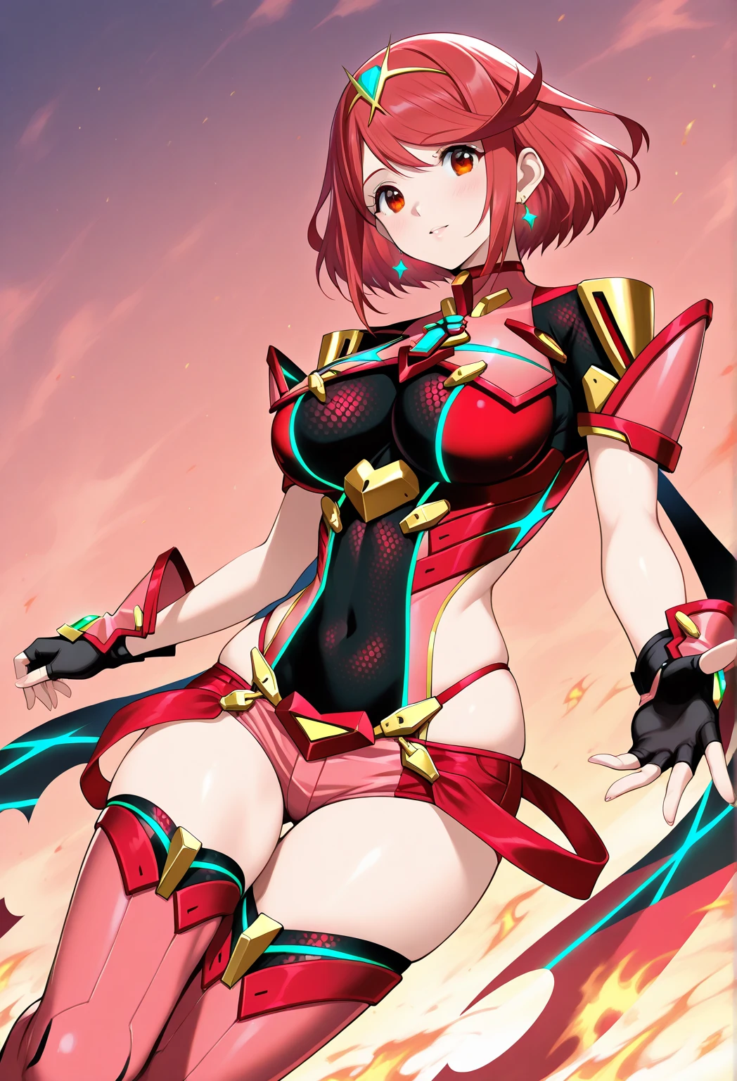pyra \(xenoblade\), teen_1girl, armor, bangs, black gloves, breasts, red eyes, closed mouth, earrings, eyelashes, fingerless gloves, floating hair, framed breasts, gem, gloves, hair ornament, headpiece, jewelry, big_breasts, leaning back, leotard, neon trim, official art, pose, red hair, red shorts, saitou masatsugu, short hair, short shorts, short sleeves, shorts, sidelocks, skin tight, solo, standing, swept bangs, thighhighs, tiara, night_prairie_background, turtleneck, underbust, vambraces, xenoblade chronicles \(series\), (xenoblade chronicles 2), apart_legs, fire_effect,dynamic_pose_fighting,light_smile, (plump:1.1), big_ass,huge_sword, hold_large_sword_hilt, solo, covered_nipples, covered_pussy,open_mouth,