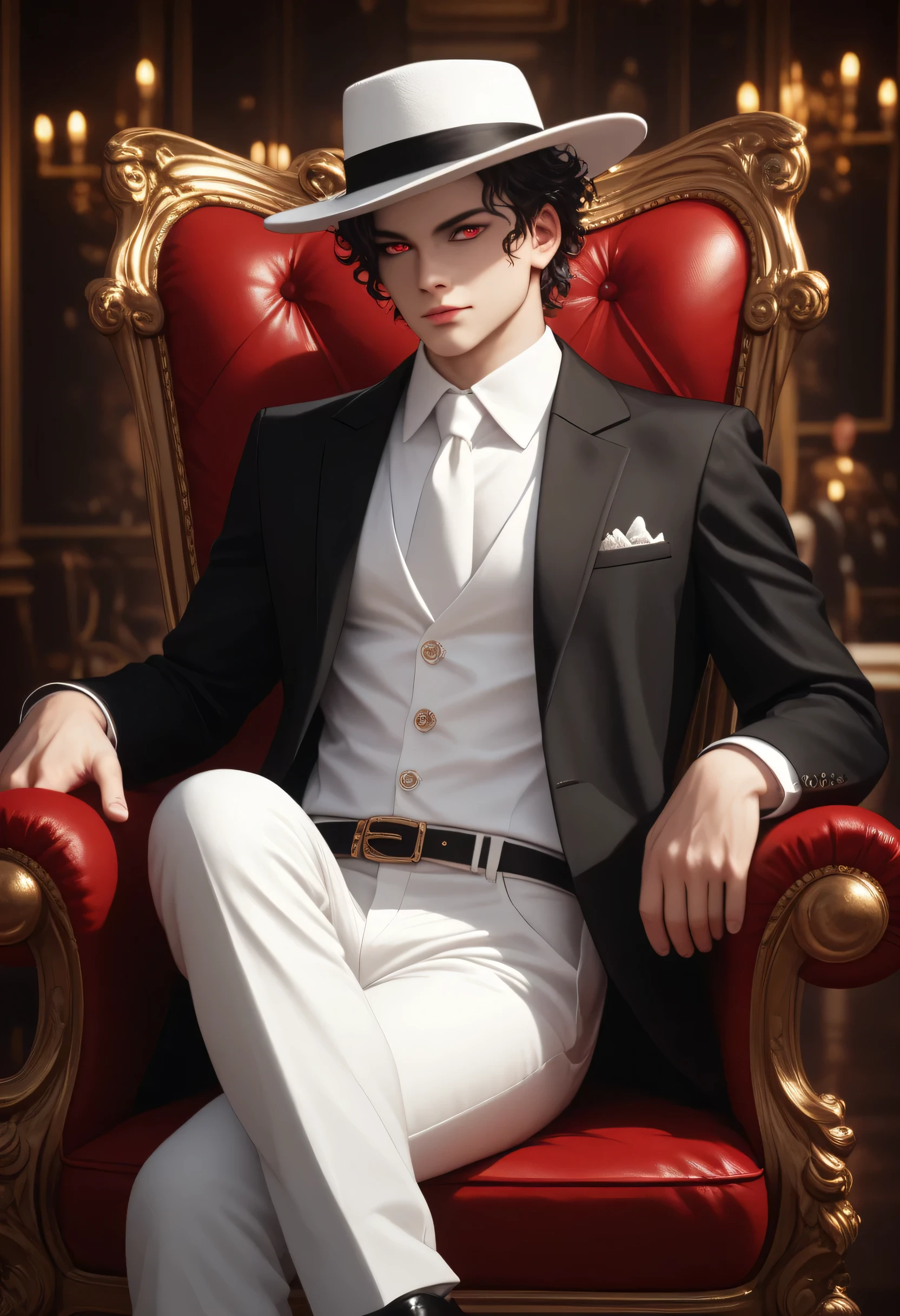 "A hyper-realistic portrait of a mysterious man sitting confidently on a luxurious red velvet armchair, wearing a stylish black suit with intricate embroidery, a white tie, and white trousers. He has pale skin, piercing red eyes, and dark wavy hair partially hidden under a white fedora with a black band. The lighting is dramatic, casting soft shadows and emphasizing the rich textures of the clothing and chair. Rendered in Unreal Engine quality with ultra-detailed fabric, skin texture, and cinematic ambiance."