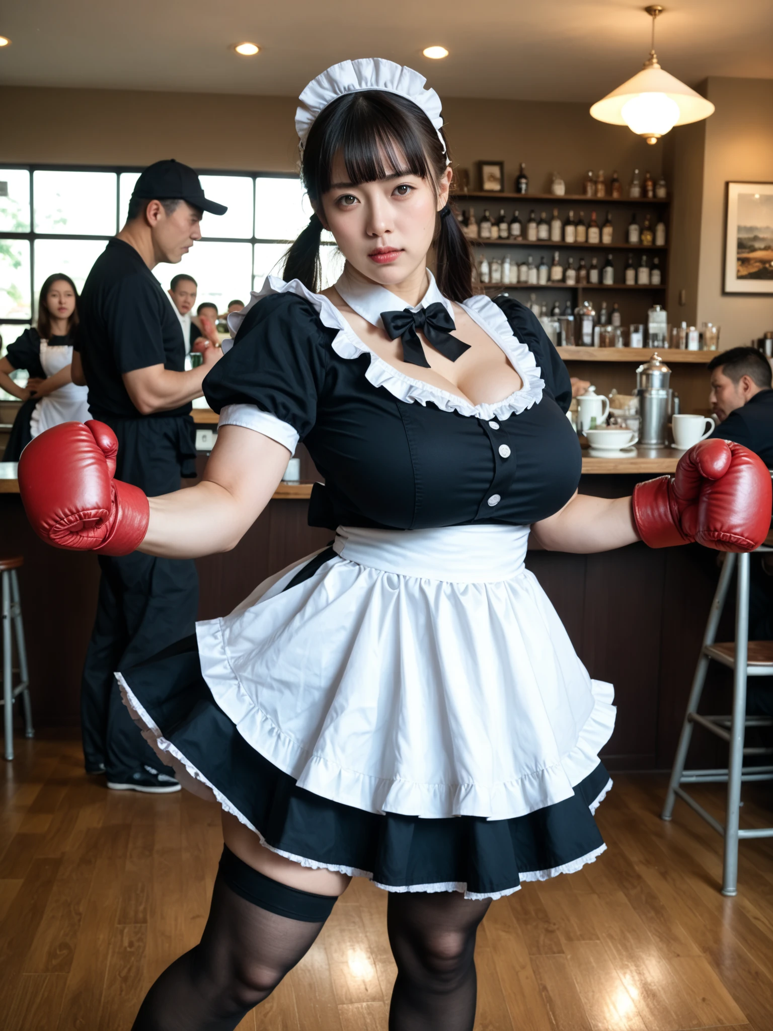 score_9, score_8_up, score_7_up, rating_safe, source_photo, realistic eye, realistic, photorealistic, Photograph, ultra photo-realistic, 8k uhd, highres, extremely detailed, cinematic lighting, masterpiece, best quality, ultra high res,(photo realistic:1.4), beautiful woman, japanese ager, maid, black hair, blunt bangs, wavy twin tails, Serious expression, Fight with customers,(punch),boxing,Short skirts, maid dress,short sleeves, mini skirt, black black thighhighs, gigantic breasts, plump, curved, cafe