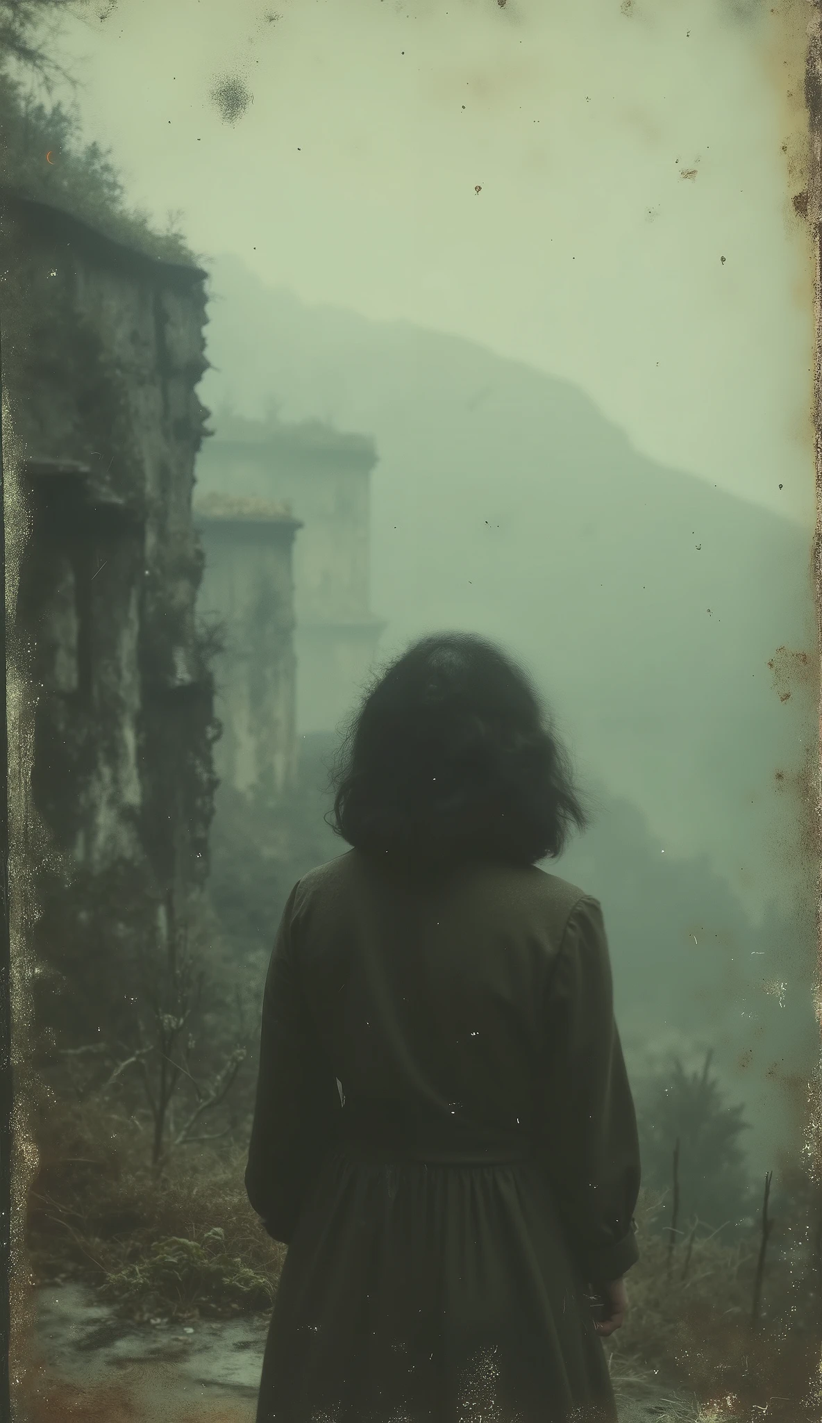 1930 woman in a black dress standing on the edge of a cliff on her back, his face is not seen, As the fog clears, seen from above, vintage style with soft and melancholic lighting. cinematographic.