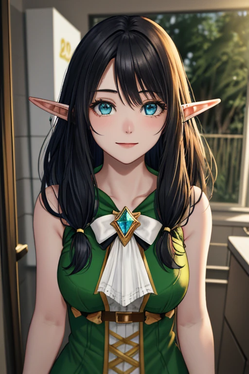 High resolution, Very detailed, perfect lighting, beautiful detailed eyes, ((masterpiece,Best Quality)), absurdities, alone, princess zelda, by the width, crown braid, Hair clip, pointy ears, Gloves without fingers, black gloves, smile, curves, nod, , deep neckline, deep neckline, violet one piece swimsuit with pink details, touching her breasts in a sexy way, close up, black fur, close up, pigtails with bangs, pigtails with bangs, touching her breasts in a sexy way, teal eyes, close up, pigtails with bangs, pretty face, white beret, landscape, dark hair