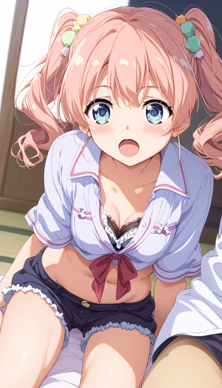 Clear painting style、beautiful girl、16 years old、Girly Hair、Pink Room、Girly Fashion、Pleated skirt、Knee socks、Highest quality, smile,Spread your legs and get on all fours、girly panties、Girly Bra、Sweaty crotch、Low Angle、Cowboy Shot、Put your hands on your bra