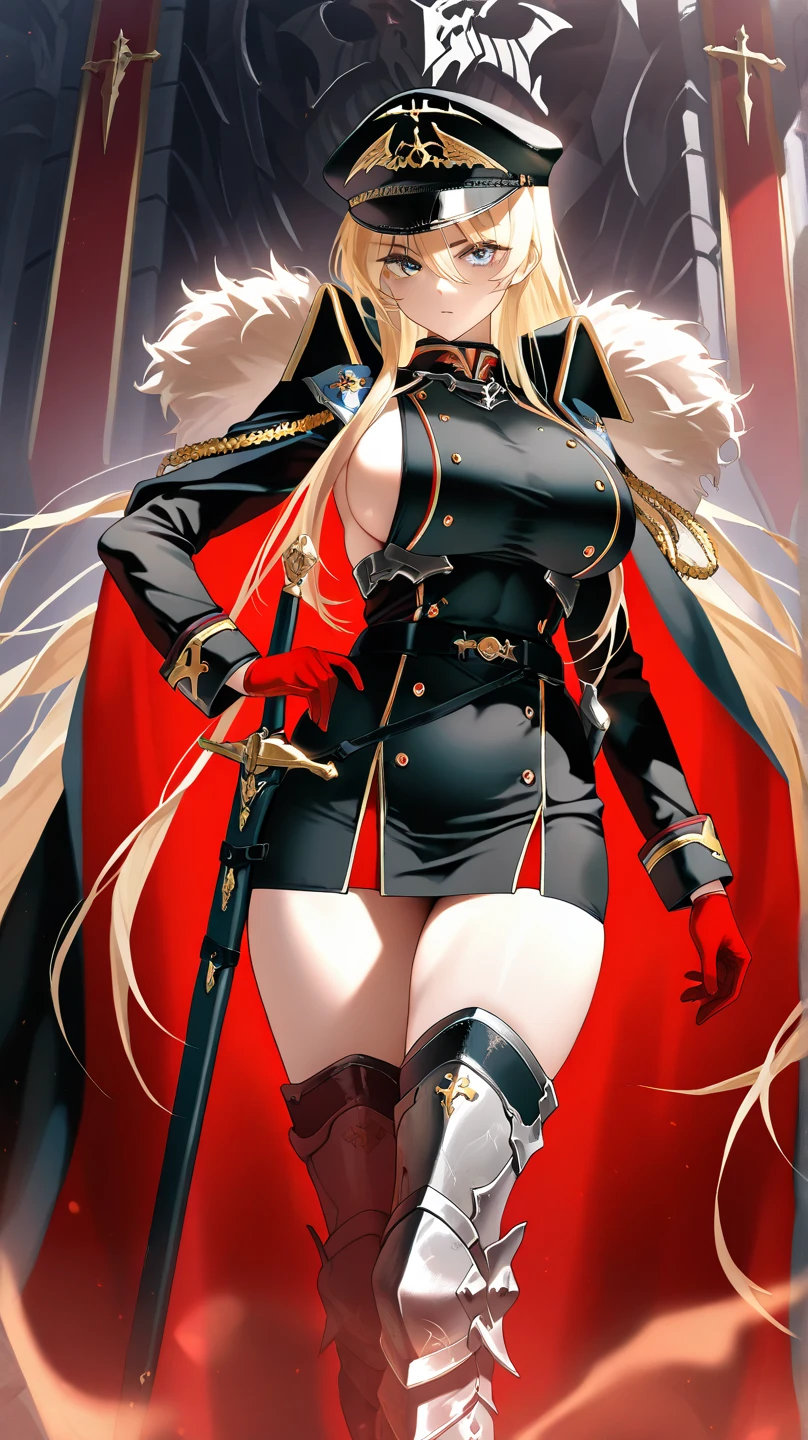 Realistic Red Sotheby Girl Photo,short side waves,blonde hair with red tips,cool look,background is gray,Coat of arms of the Principality of Zeon,
