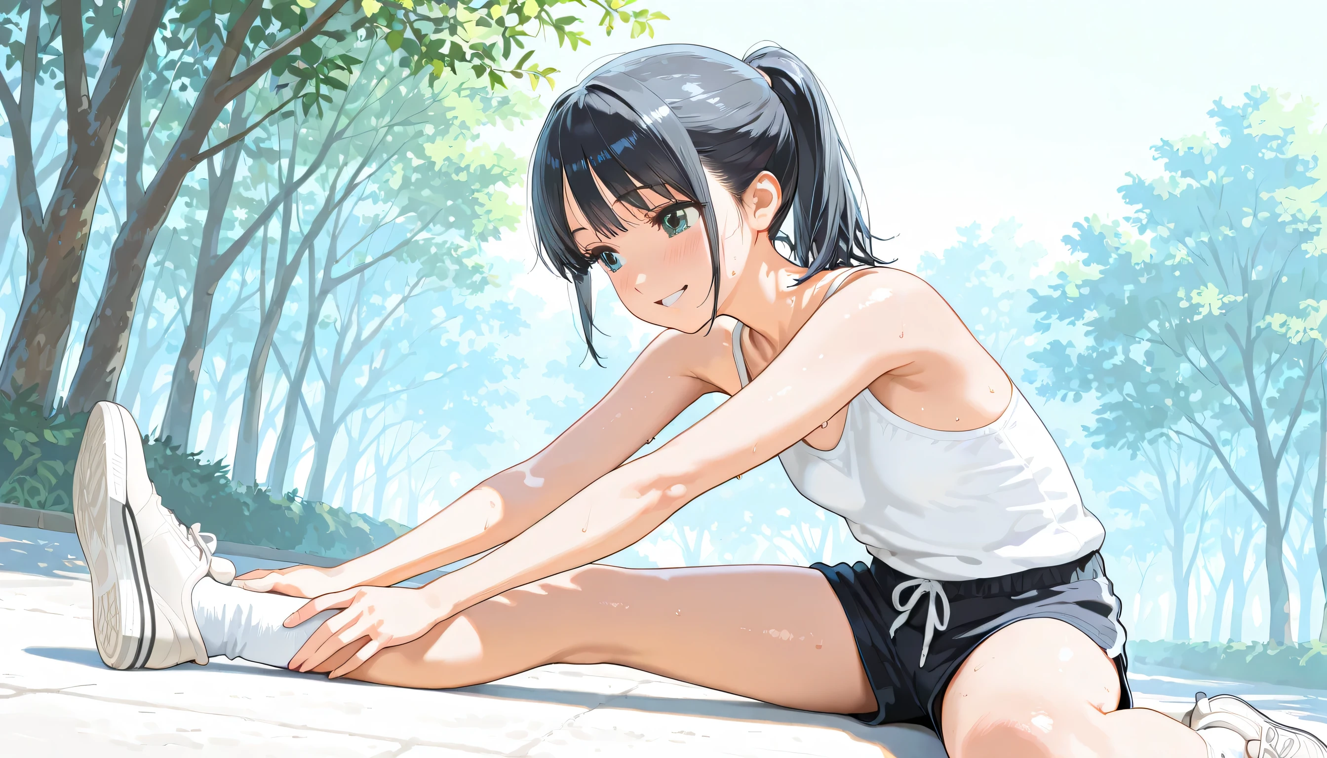composition: (scene with 1 extremely cute girl), (single frame), break,
quality: (masterpiece, finely detailed beautiful eyes: 1.2), ultra-detailed, ultra high res, professional lighting, high quality makeup, beautiful detailed eyes, Extremely cute, (extremely detailed beautiful face), (Authentic skin texture:1.4), very aesthetic, latest, scenery (delicate), Volumetric Lighting, break,
girl: (loose-fitting tank-top, short pants), long black hair, ponytail, is smiling gently, (looks like elementary school girl:1.4). flat chest, sitting, (stretching on a schoolyard), (doing warm-up stretches, seated on the ground with legs spread), (leaning her upper body toward one extended leg:1.2), armpit, (arms reaching for her foot), blush cheek, sweat, (socks, sneaker), break break,
background: relaxed atmosphere, athletic outfit, natural background with trees, clear blue sky, sunlight casting soft shadows, realistic style, soft lighting, break,