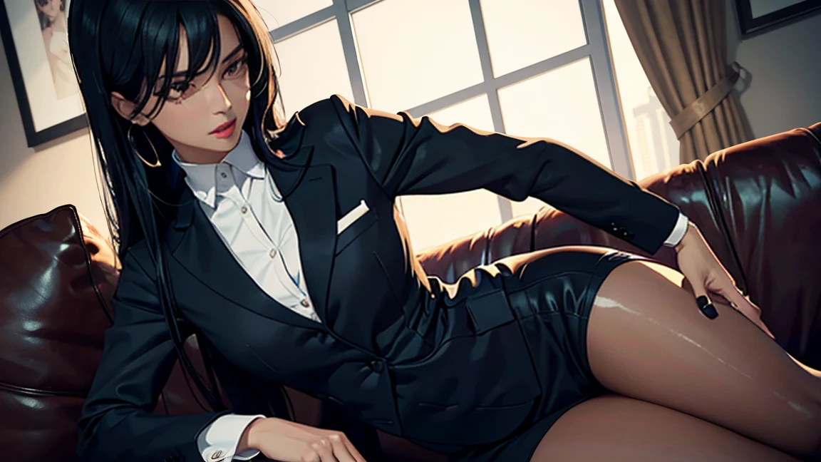 Sensual woman in white dress shirt, black tie and black pants doing sexy pose