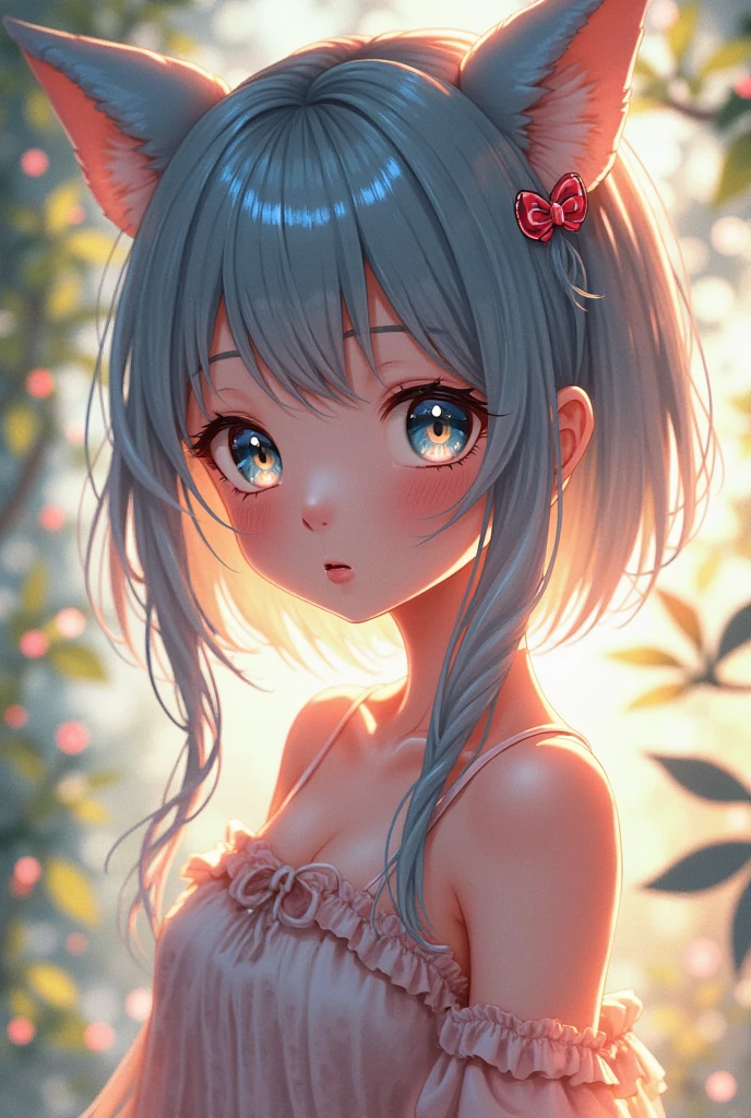 A cute and beautiful girl in a koala costume with a heart-shaped choker, in a beautiful flower field