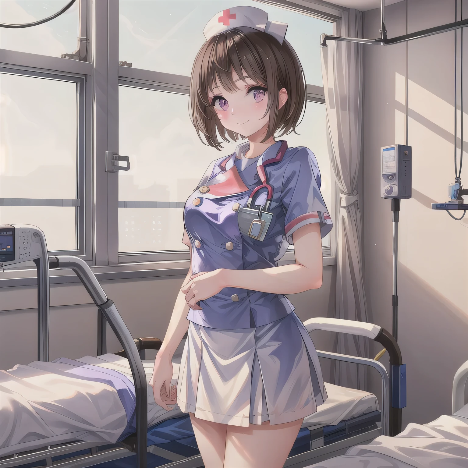 A breathtakingly beautiful 20-year-old woman stands in a warmly lit hospital room, dressed in a white mini-skirt nurse uniform with a matching cap. Her shy smile adds a touch of charm, while the surrounding medical equipment and furnishings create an authentic yet welcoming atmosphere. Brown hair, short hair, purple eyes.
