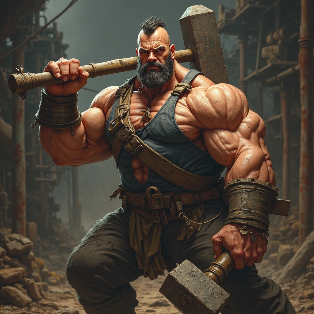 a very strong fantasy dwarf, sooty skin, long and thick beard and mustache, bald, very stout, steely eyes, ugly face, very muscular, wearing sleeveless leather armor, armor spikes, gruff expression, holding a large maul hammer, wearing a tool belt, in a dark cave illuminated by a lantern, piercing gaze,